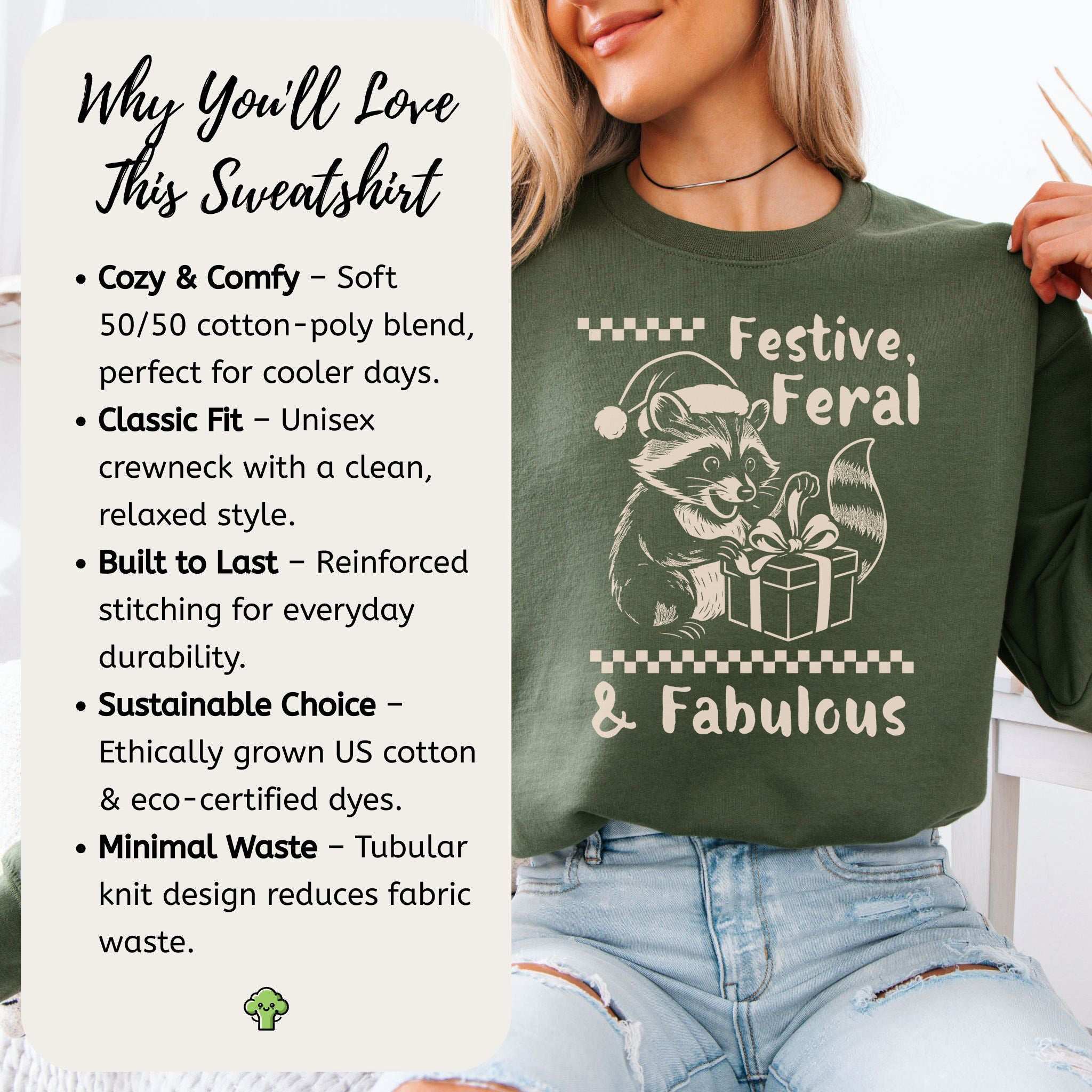 Festive Feral & Fabulous Raccoon Sweatshirt – Funny Christmas Chaos Gift