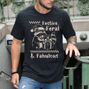 Festive Feral & Fabulous Raccoon T-Shirt – Funny Christmas Gift Tee