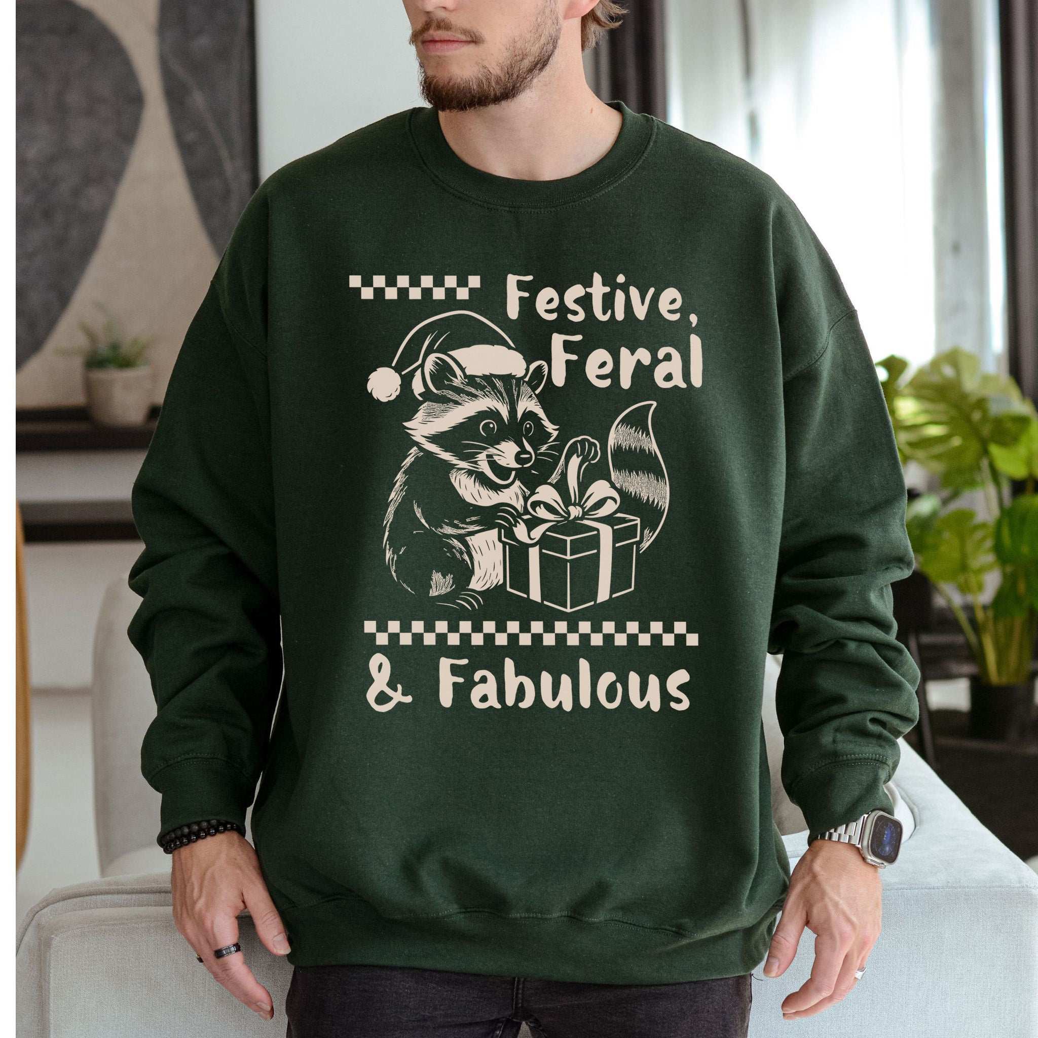 Festive Feral & Fabulous Raccoon Sweatshirt – Funny Christmas Chaos Gift