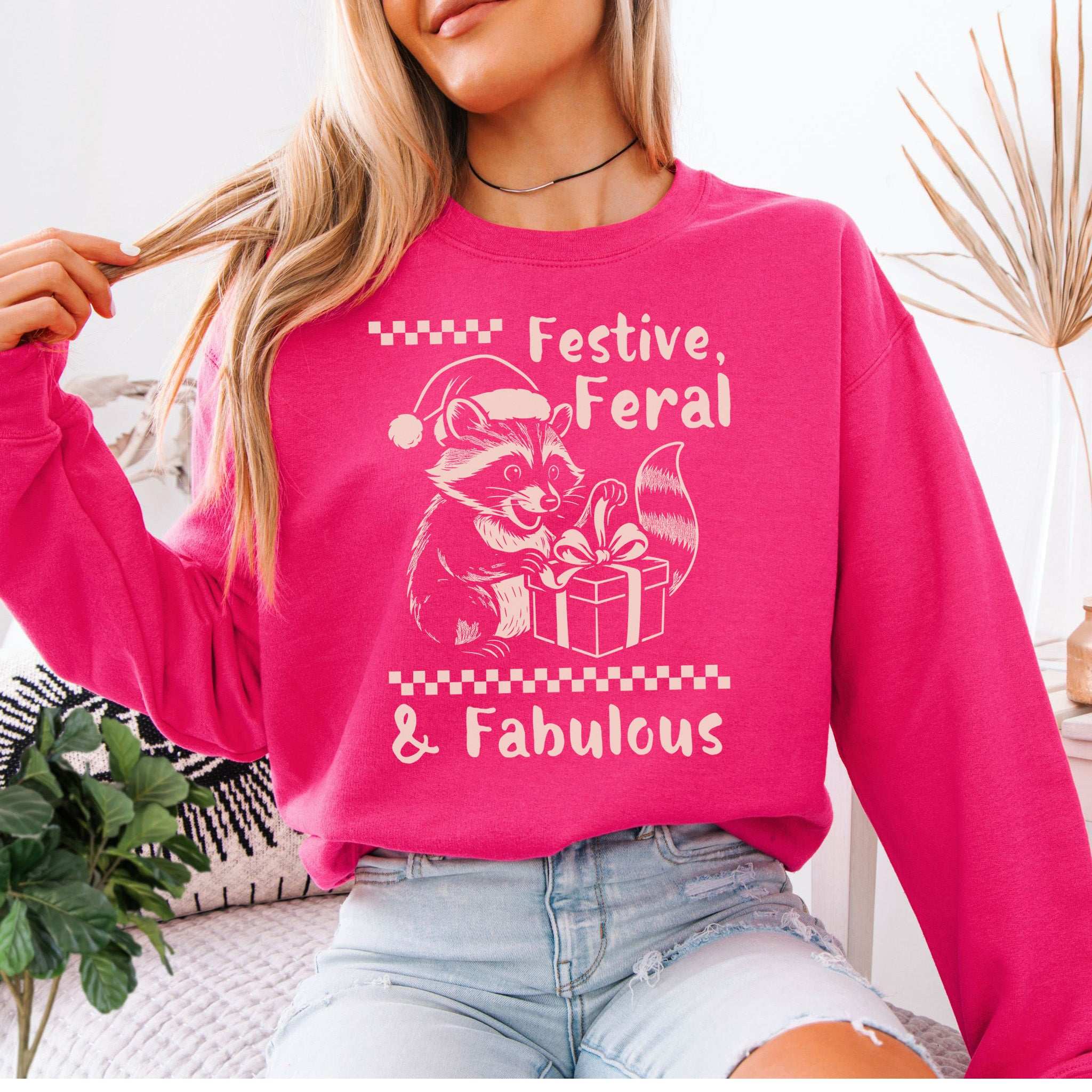 Festive Feral & Fabulous Raccoon Sweatshirt – Funny Christmas Chaos Gift