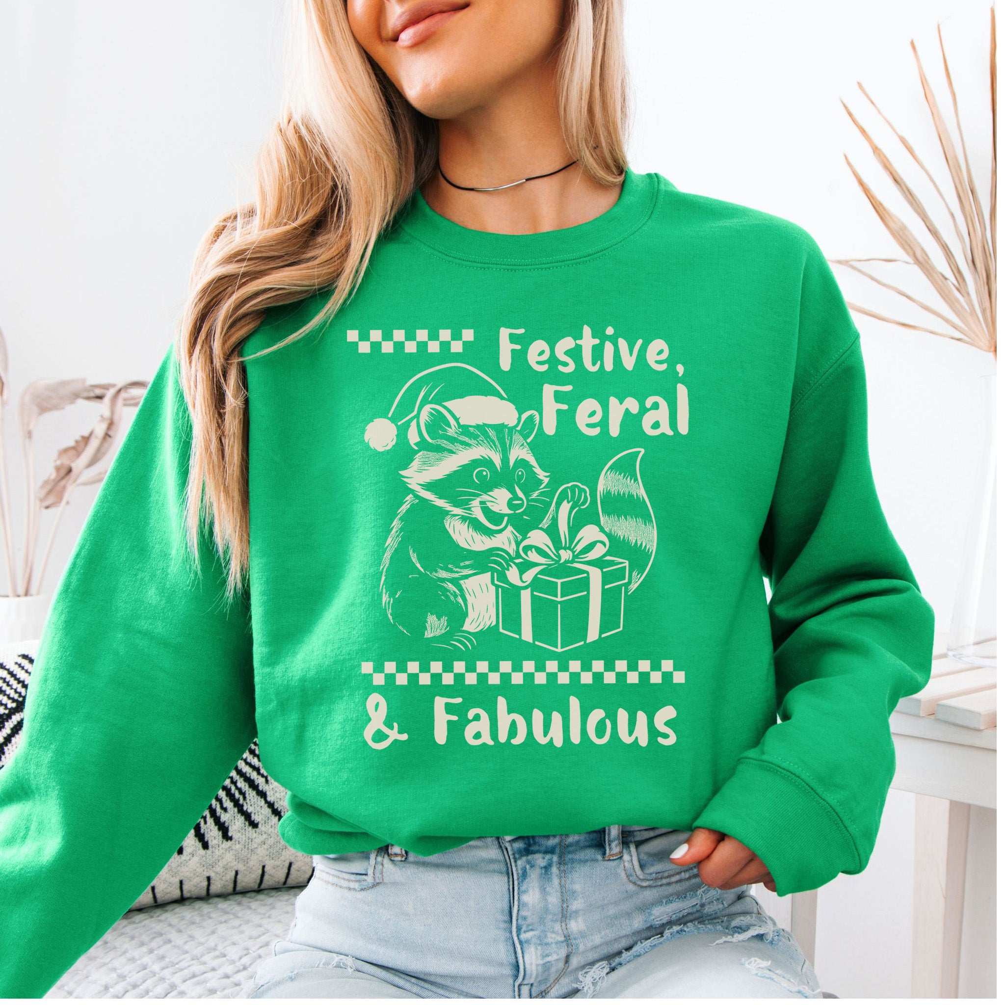 Festive Feral & Fabulous Raccoon Sweatshirt – Funny Christmas Chaos Gift