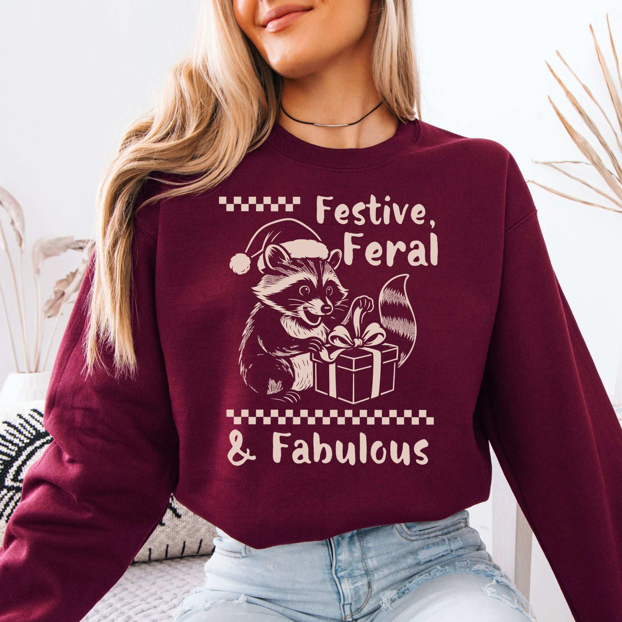 Festive Feral & Fabulous Raccoon Sweatshirt – Funny Christmas Chaos Gift