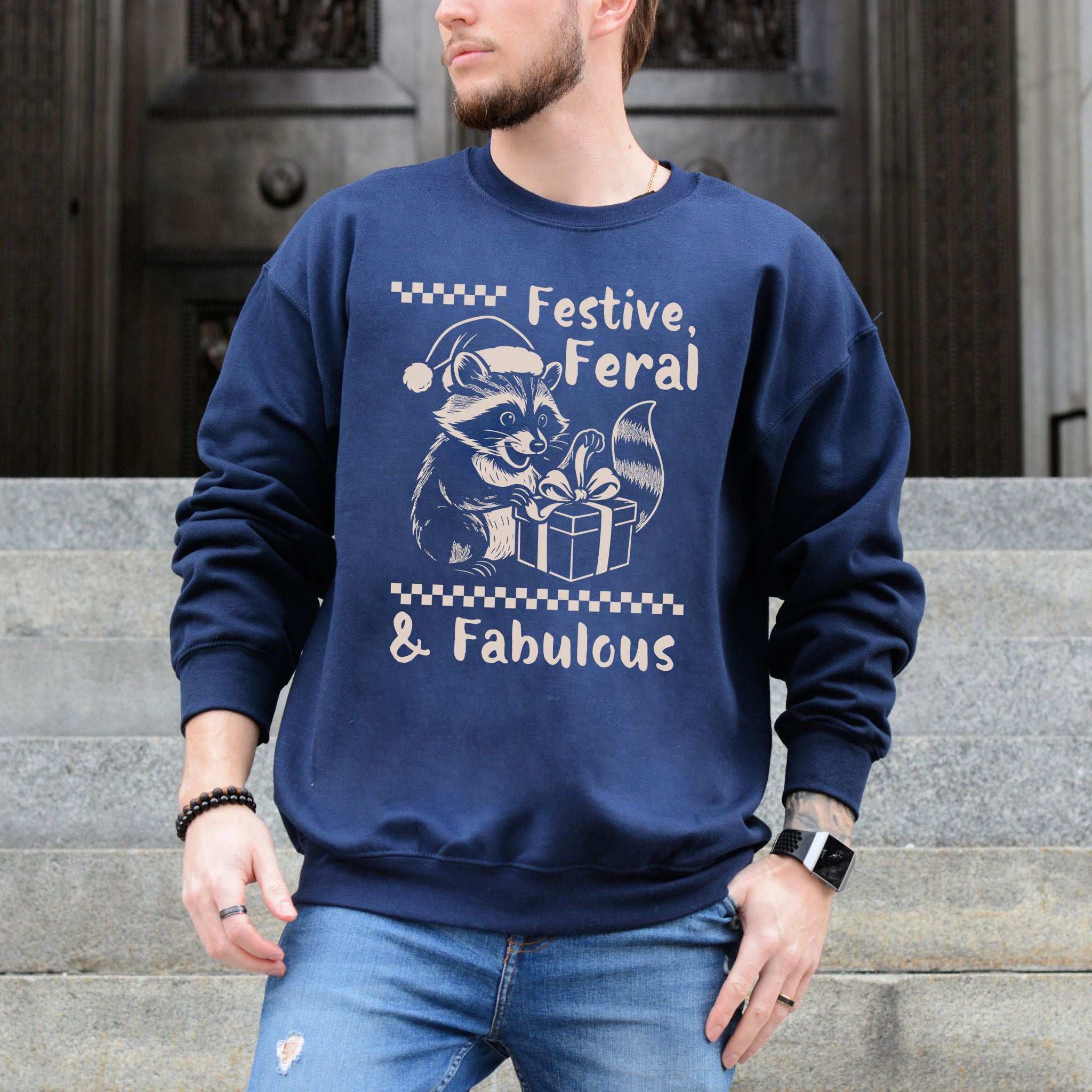 Festive Feral & Fabulous Raccoon Sweatshirt – Funny Christmas Chaos Gift