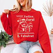 Festive Feral & Fabulous Raccoon Sweatshirt – Funny Christmas Chaos Gift