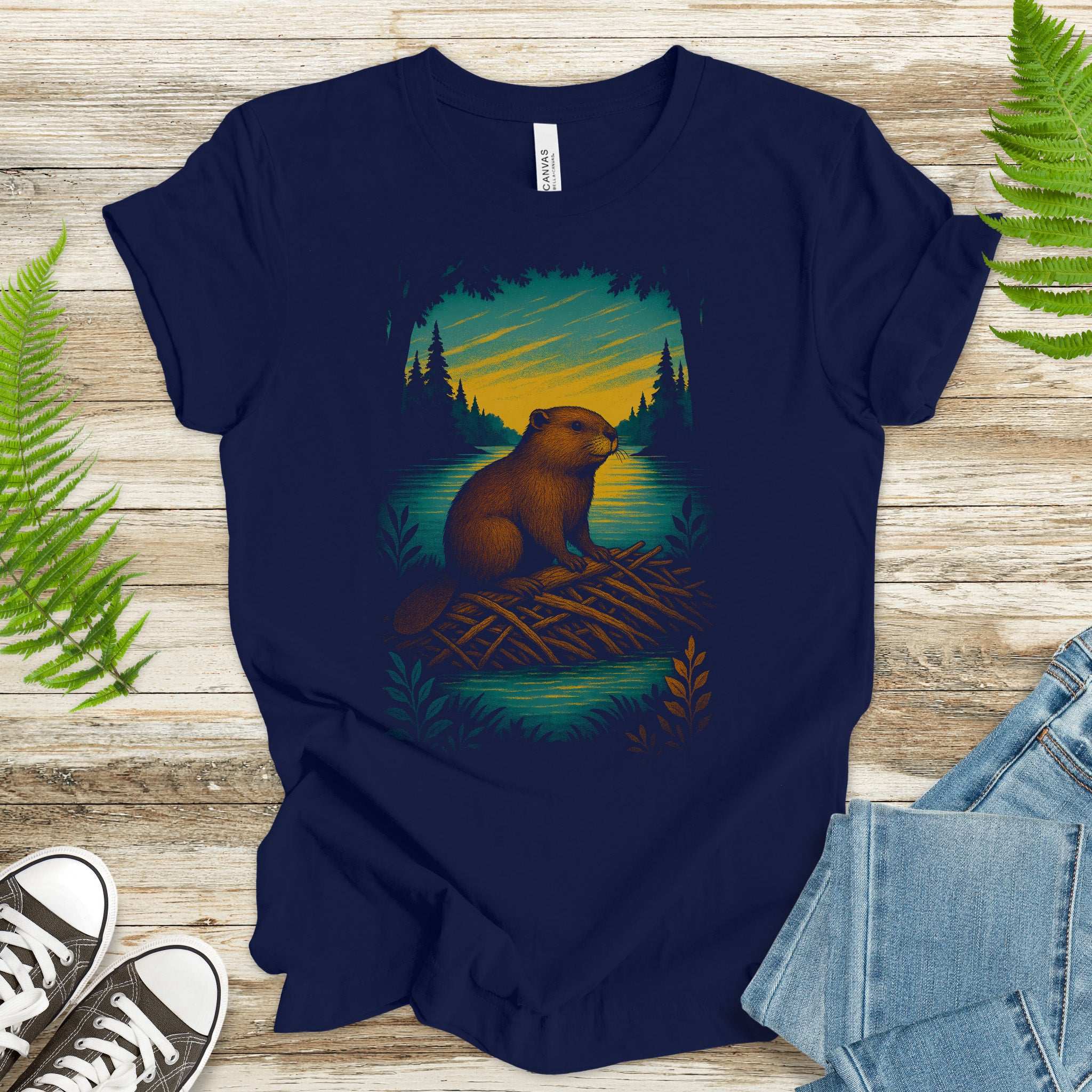 Beaver Spirit Animal T-Shirt – Sunset Dam Builder Vibes featuring a beaver on a dam with forest backdrop.