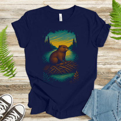 Beaver Spirit Animal T-Shirt – Sunset Dam Builder Vibes featuring a beaver on a dam with forest backdrop.