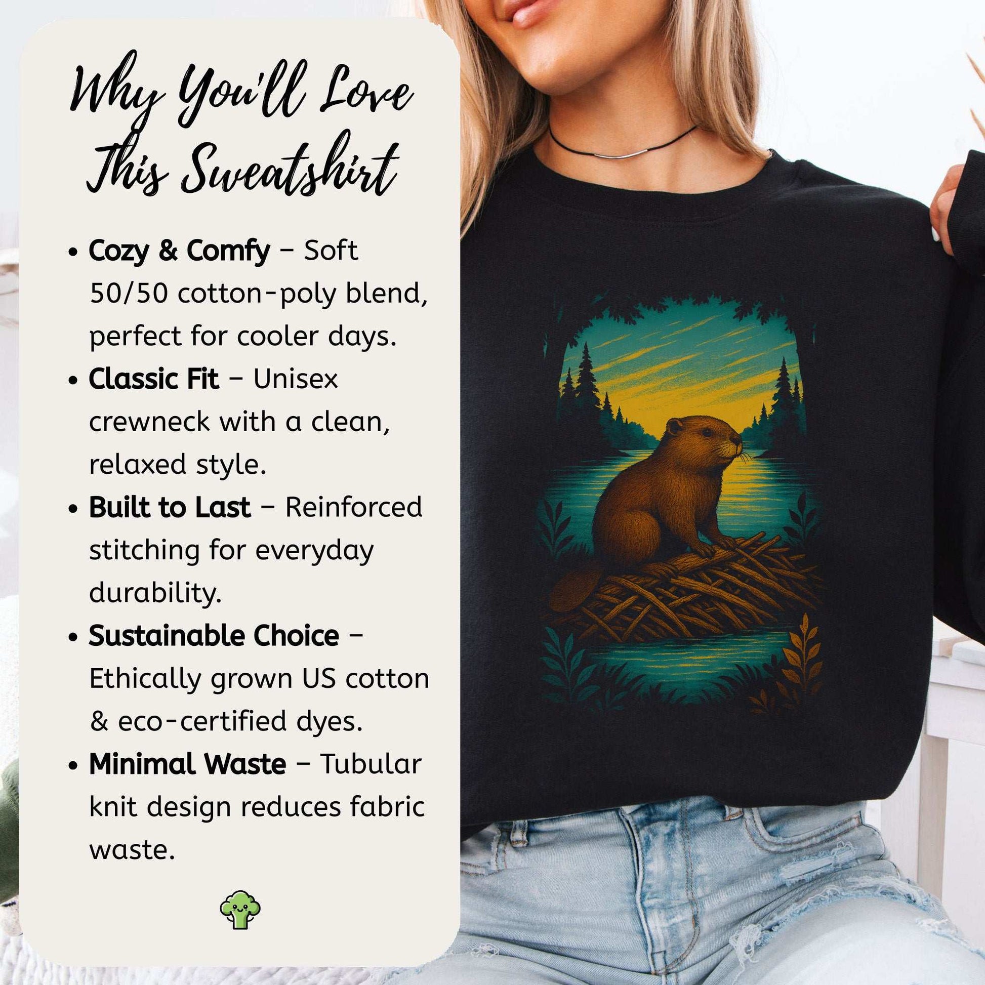 Beaver Spirit Animal Sweatshirt – Sunset Dam Builder Vibes featuring a majestic beaver on a cozy black sweatshirt.