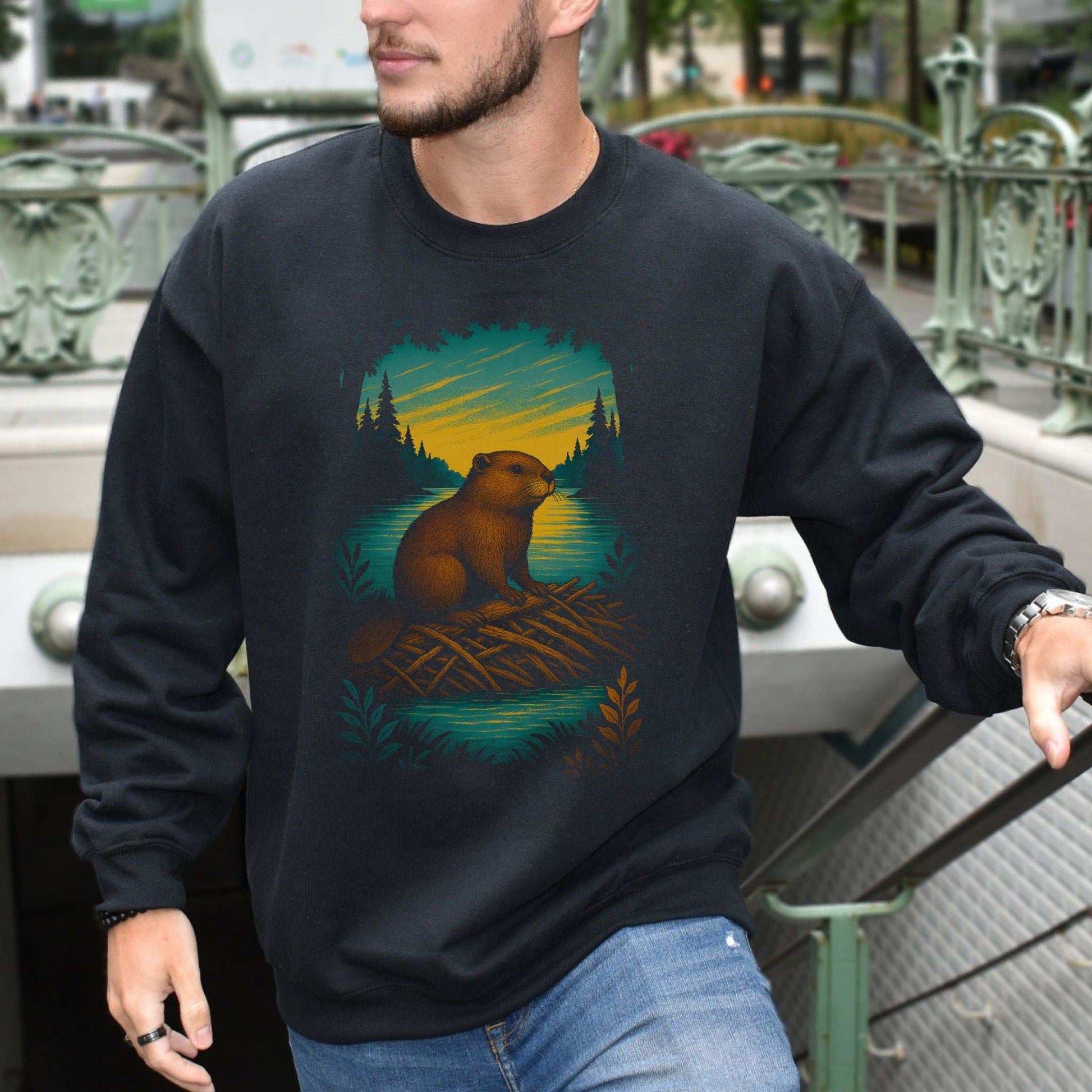 Beaver Spirit Animal Sweatshirt – Sunset Dam Builder Vibes featuring a beaver on a dam in a forest setting.