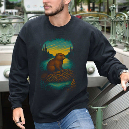 Beaver Spirit Animal Sweatshirt – Sunset Dam Builder Vibes featuring a beaver on a dam in a forest setting.