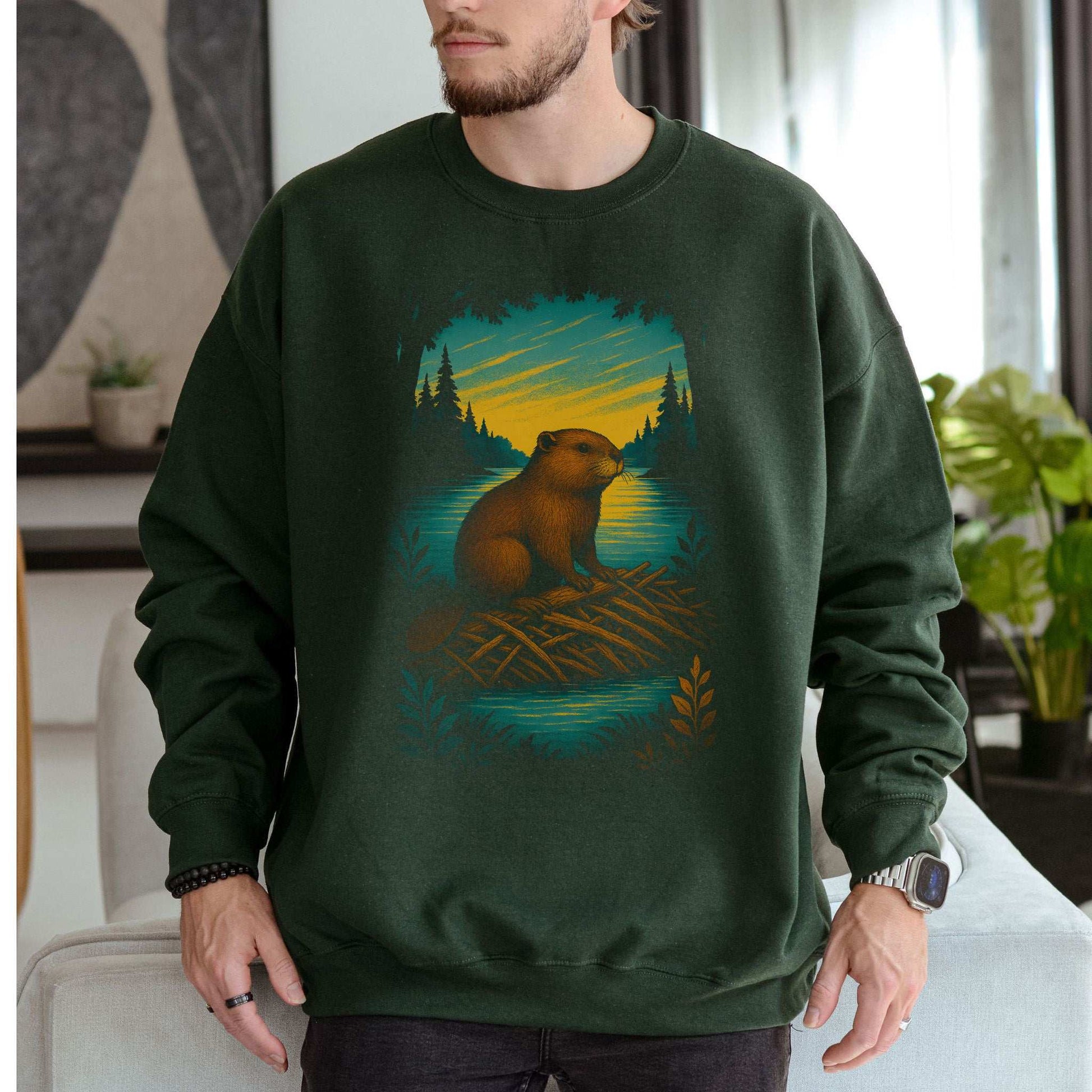 Beaver Spirit Animal Sweatshirt – Sunset Dam Builder Vibes featuring a beaver on a dam in a cozy forest setting.