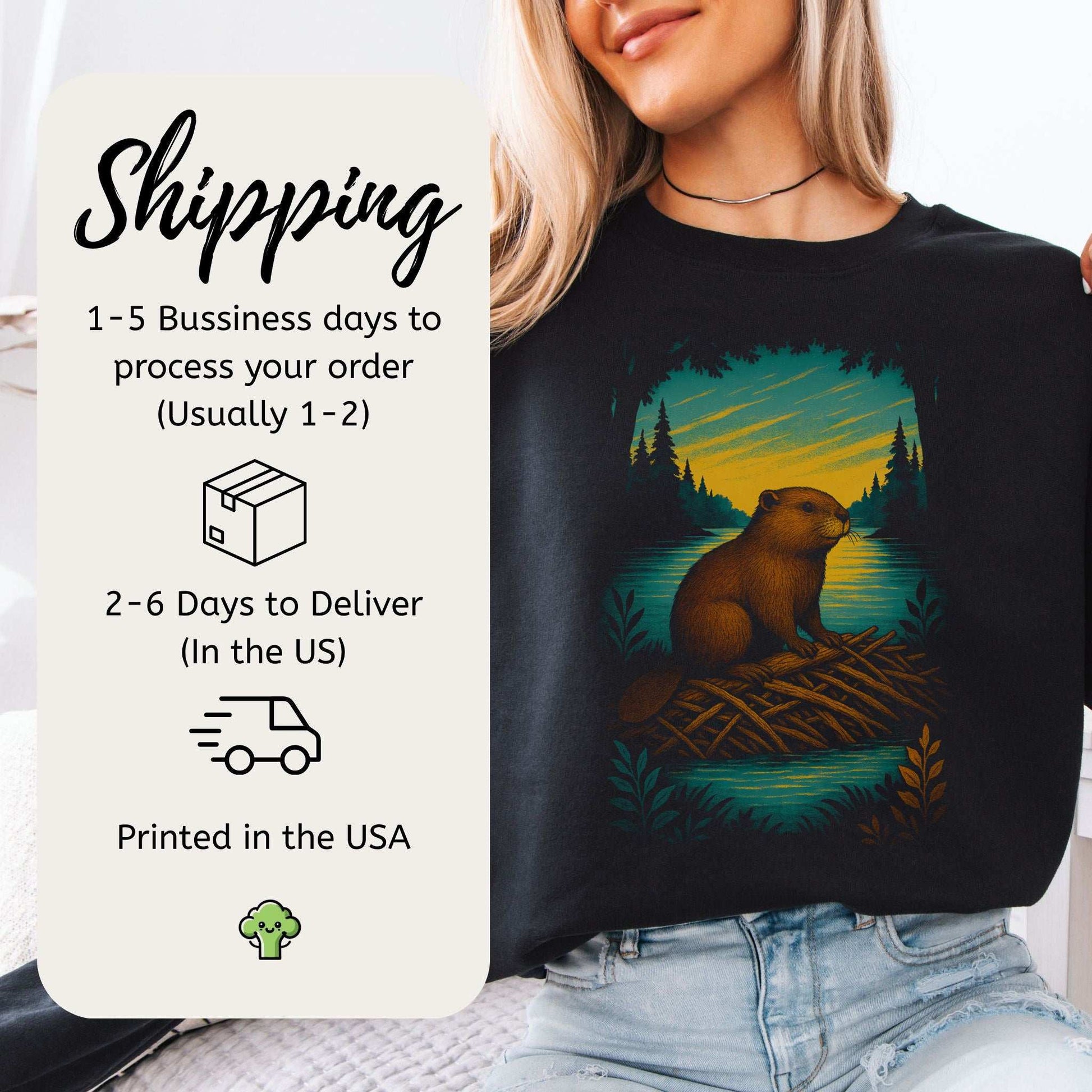 Beaver Spirit Animal Sweatshirt – Sunset Dam Builder Vibes featuring a cozy beaver design and shipping details.