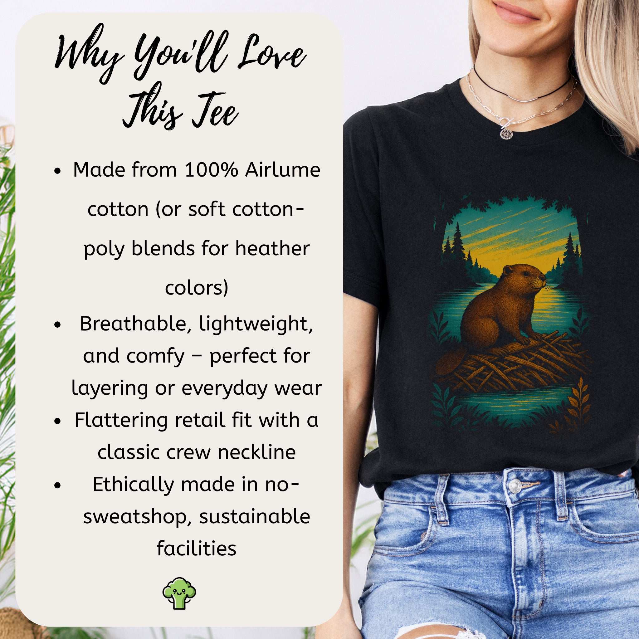 Beaver Spirit Animal T-Shirt – Sunset Dam Builder Vibes with a graphic of a beaver on a dam, perfect for nature lovers.