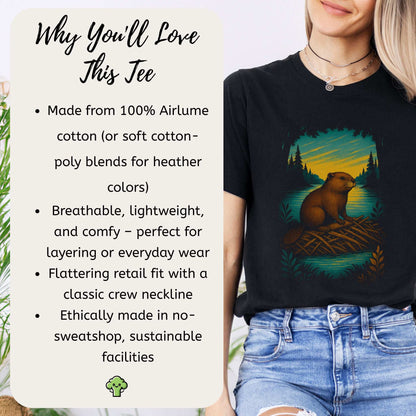 Beaver Spirit Animal T-Shirt – Sunset Dam Builder Vibes with a graphic of a beaver on a dam, perfect for nature lovers.