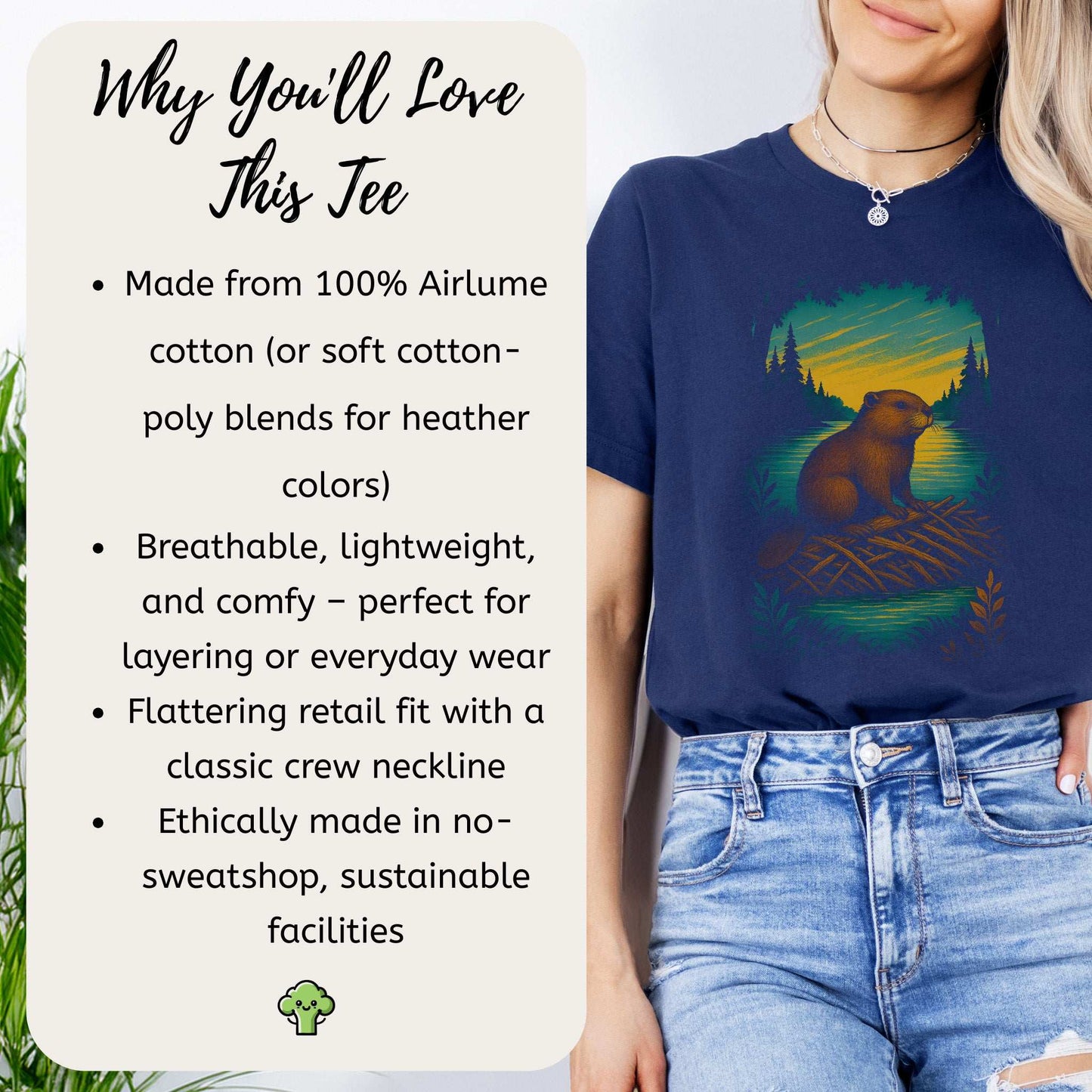 Beaver Spirit Animal T-Shirt – Sunset Dam Builder Vibes design featuring a beaver in a forest setting with eco-friendly attributes.