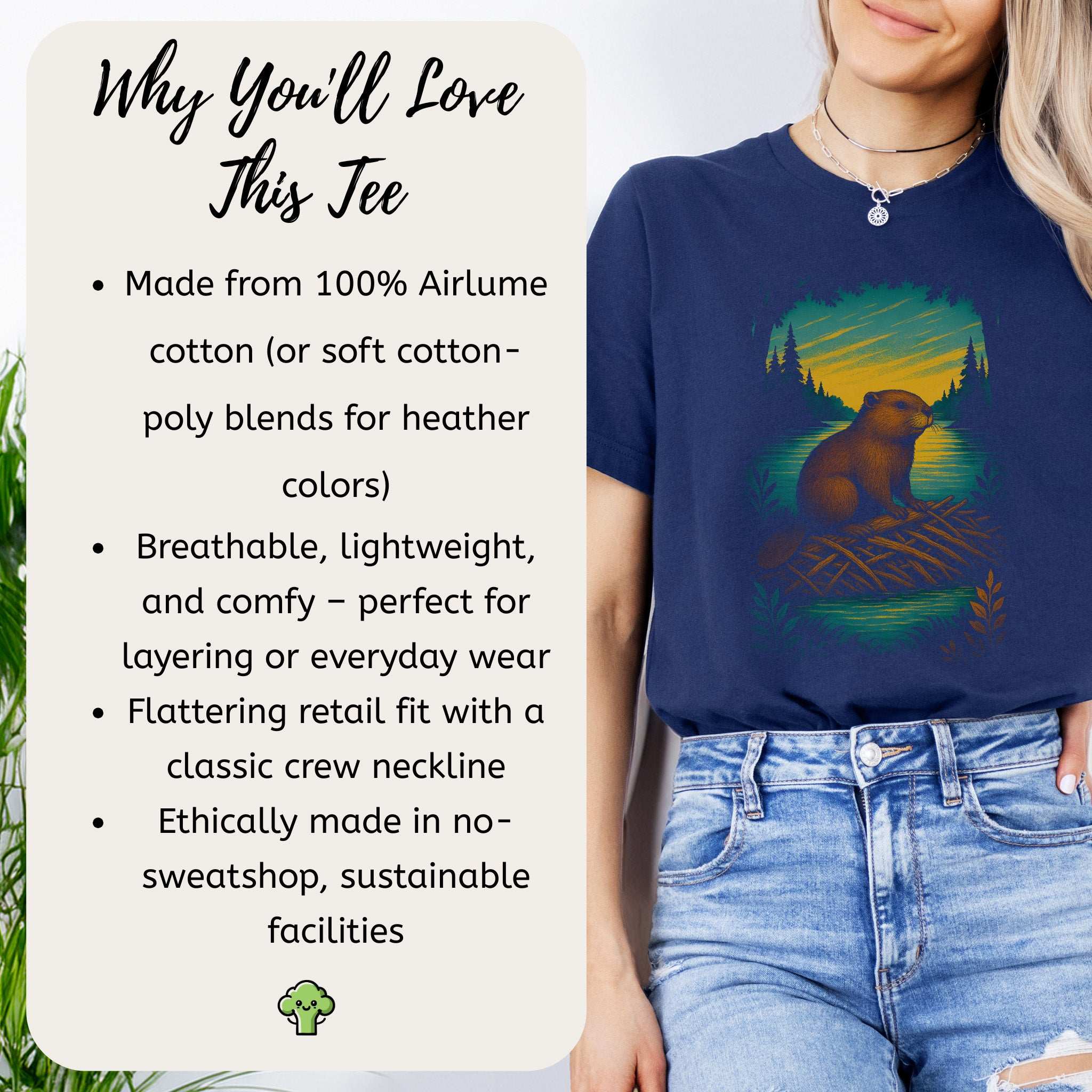 Beaver Spirit Animal T-Shirt – Sunset Dam Builder Vibes design featuring a beaver in a forest setting with eco-friendly attributes.