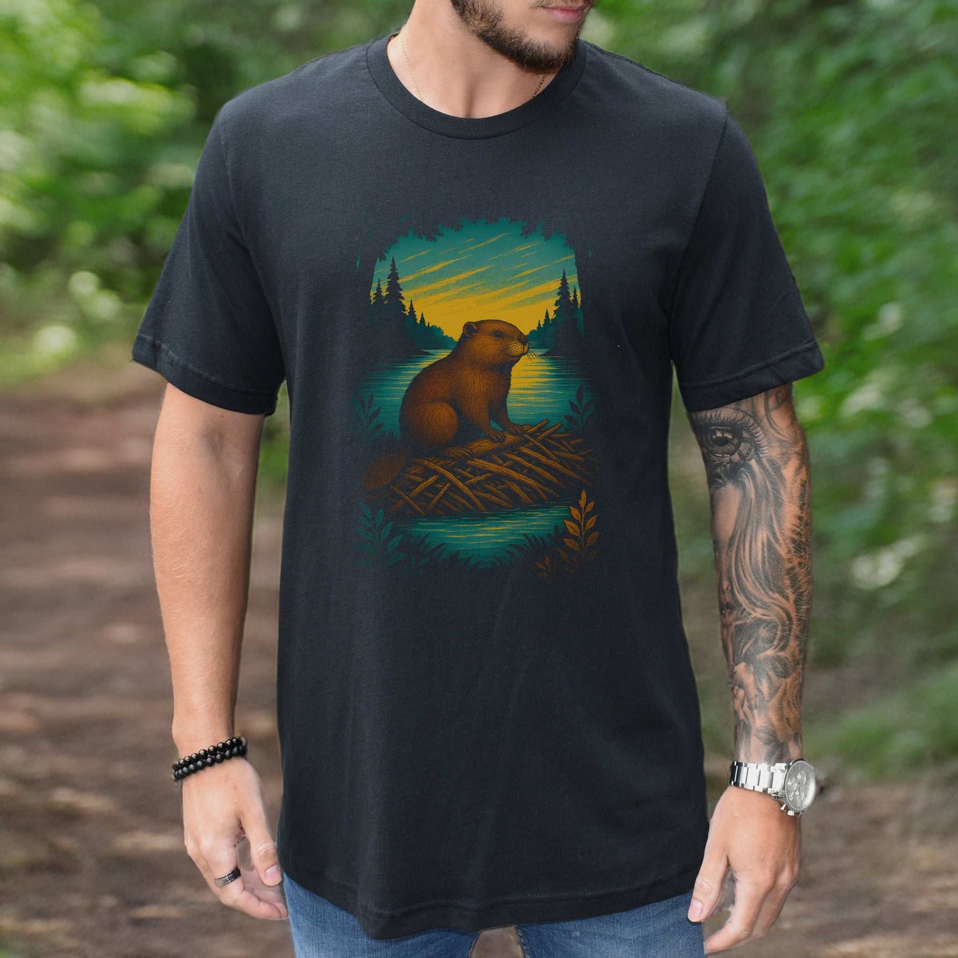 Beaver Spirit Animal T-Shirt – Sunset Dam Builder Vibes featuring a beaver on a dam in a forest setting.