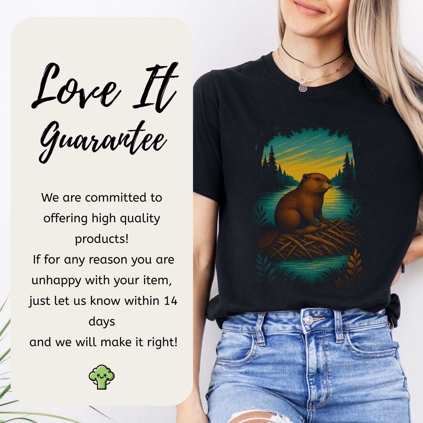 Beaver Spirit Animal T-Shirt – Sunset Dam Builder Vibes featuring a beaver on a dam with forest background.