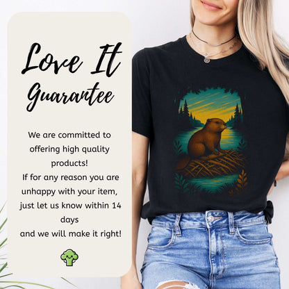 Beaver Spirit Animal T-Shirt – Sunset Dam Builder Vibes featuring a beaver on a dam with forest background.