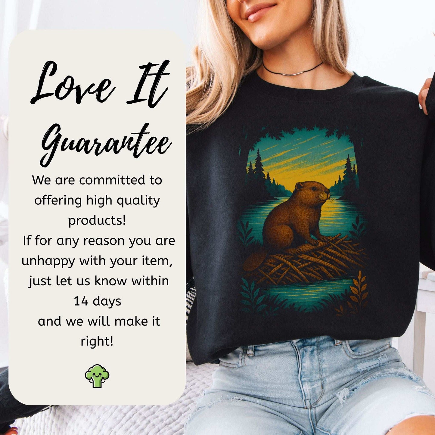 Beaver Spirit Animal Sweatshirt – Sunset Dam Builder Vibes model wearing cozy sweatshirt with beaver graphic.