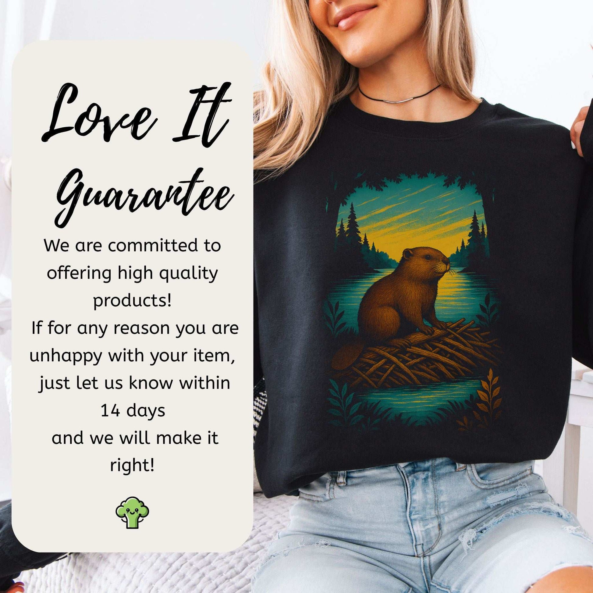 Beaver Spirit Animal Sweatshirt – Sunset Dam Builder Vibes model wearing cozy sweatshirt with beaver graphic.