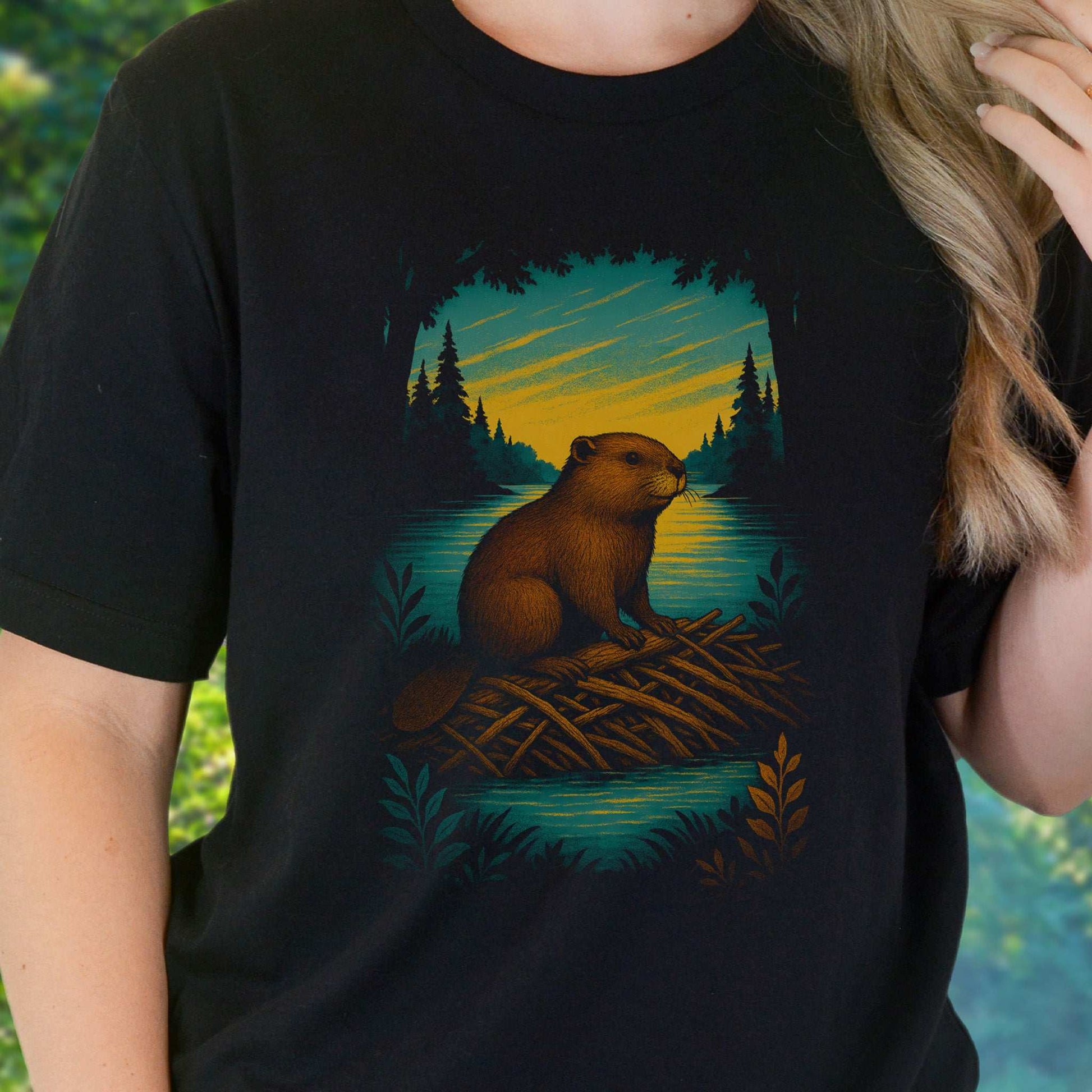 Beaver Spirit Animal T-Shirt – Sunset Dam Builder Vibes featuring a beaver on a dam at sunset.