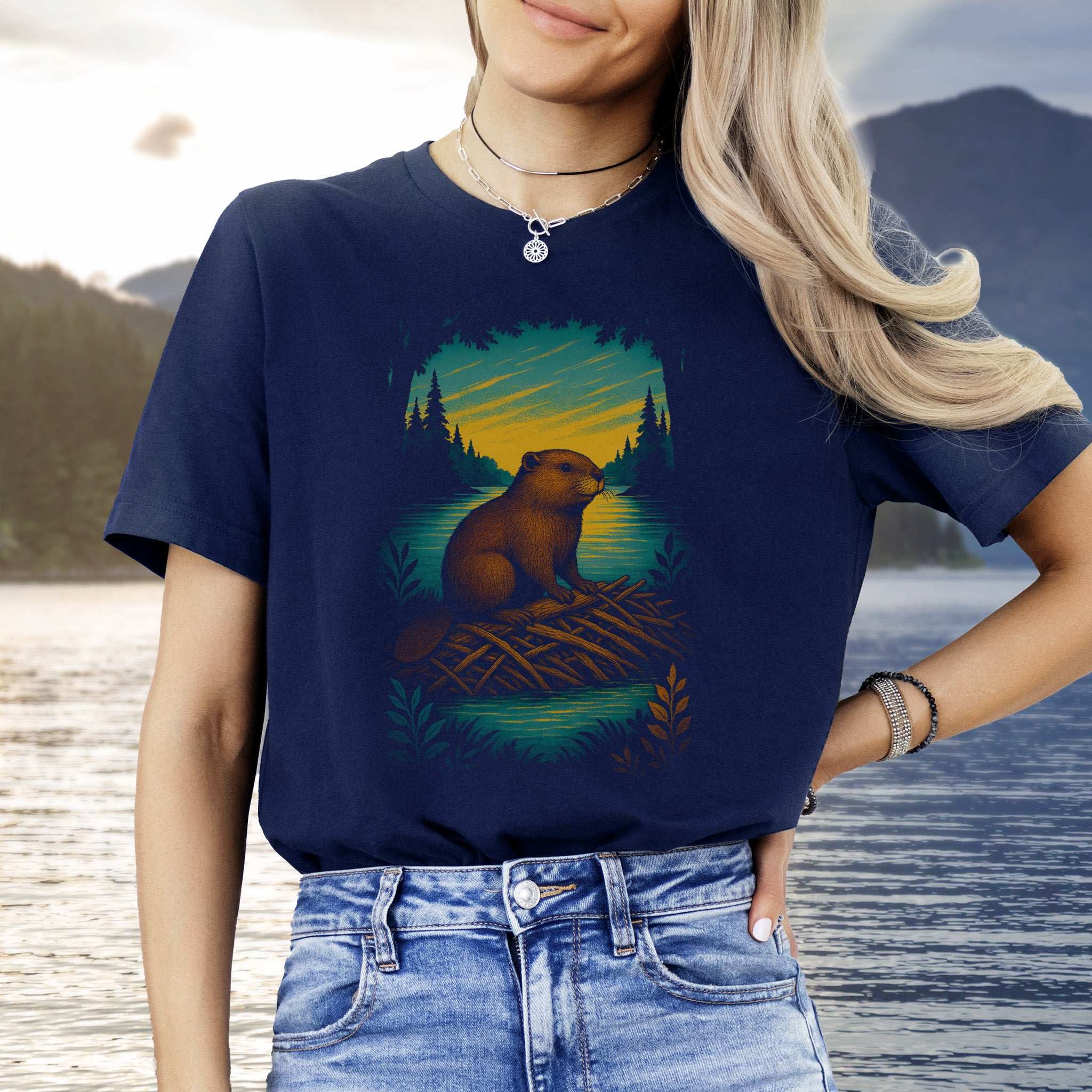 Beaver Spirit Animal T-Shirt – Sunset Dam Builder Vibes featuring a beaver on a dam, surrounded by a forest and sunset.