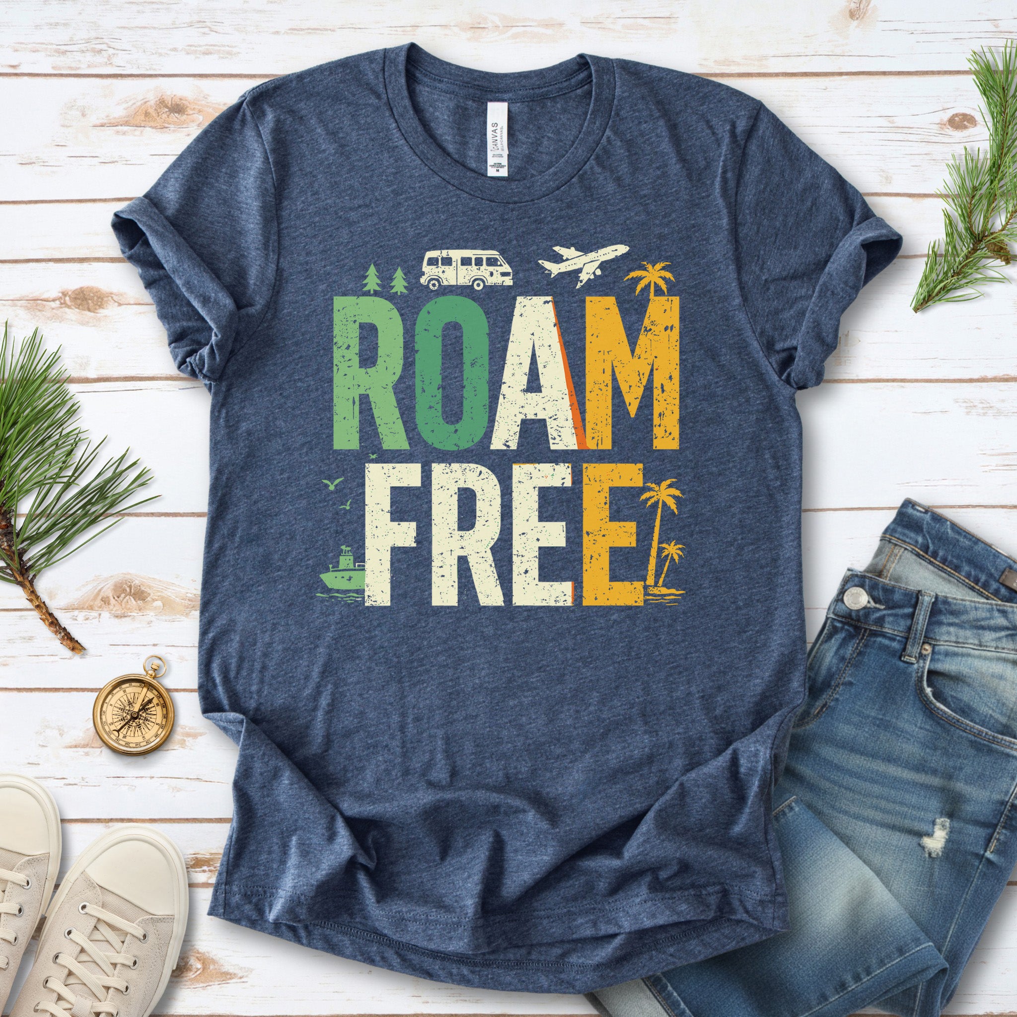 Roam Free Retro Travel Vanlife Wander Adventure T-Shirt