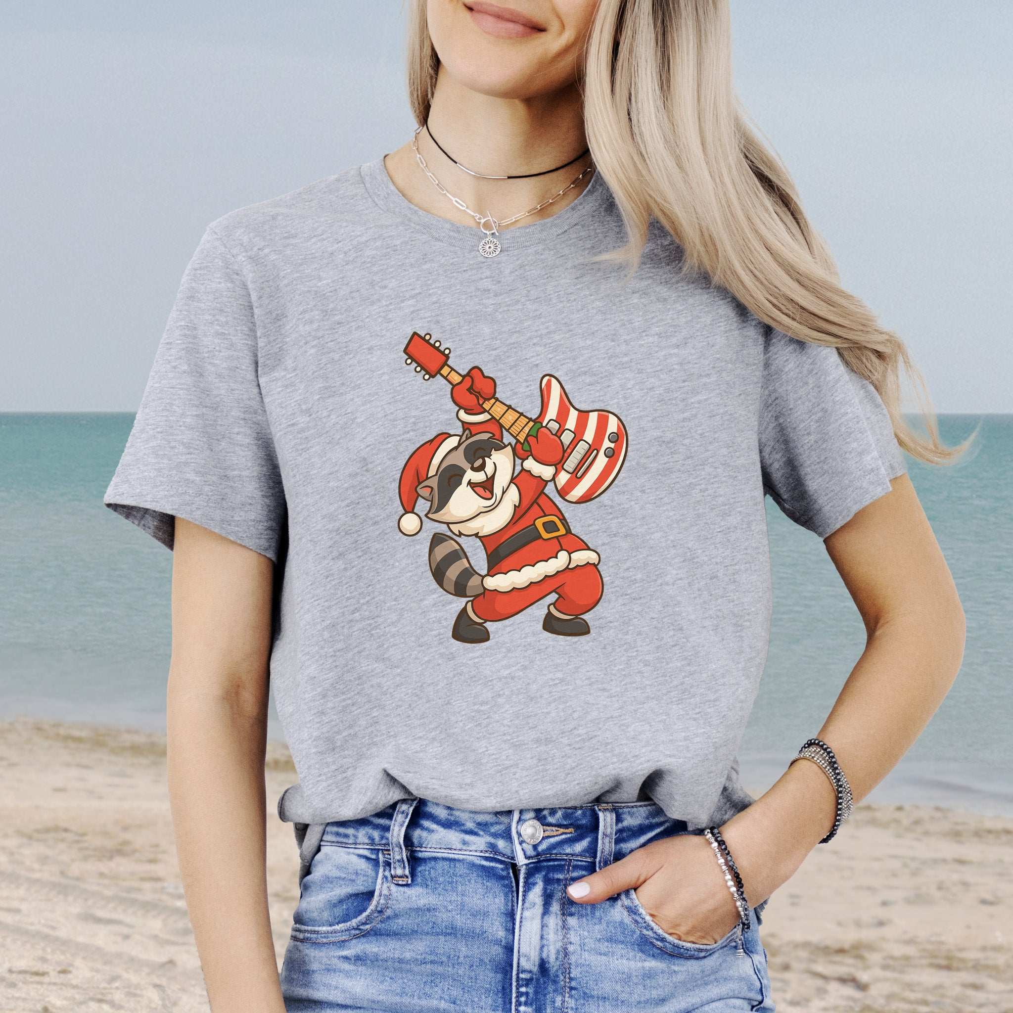 Rockin’ Santa Raccoon T-Shirt – Funny Guitar Lover Christmas Tee