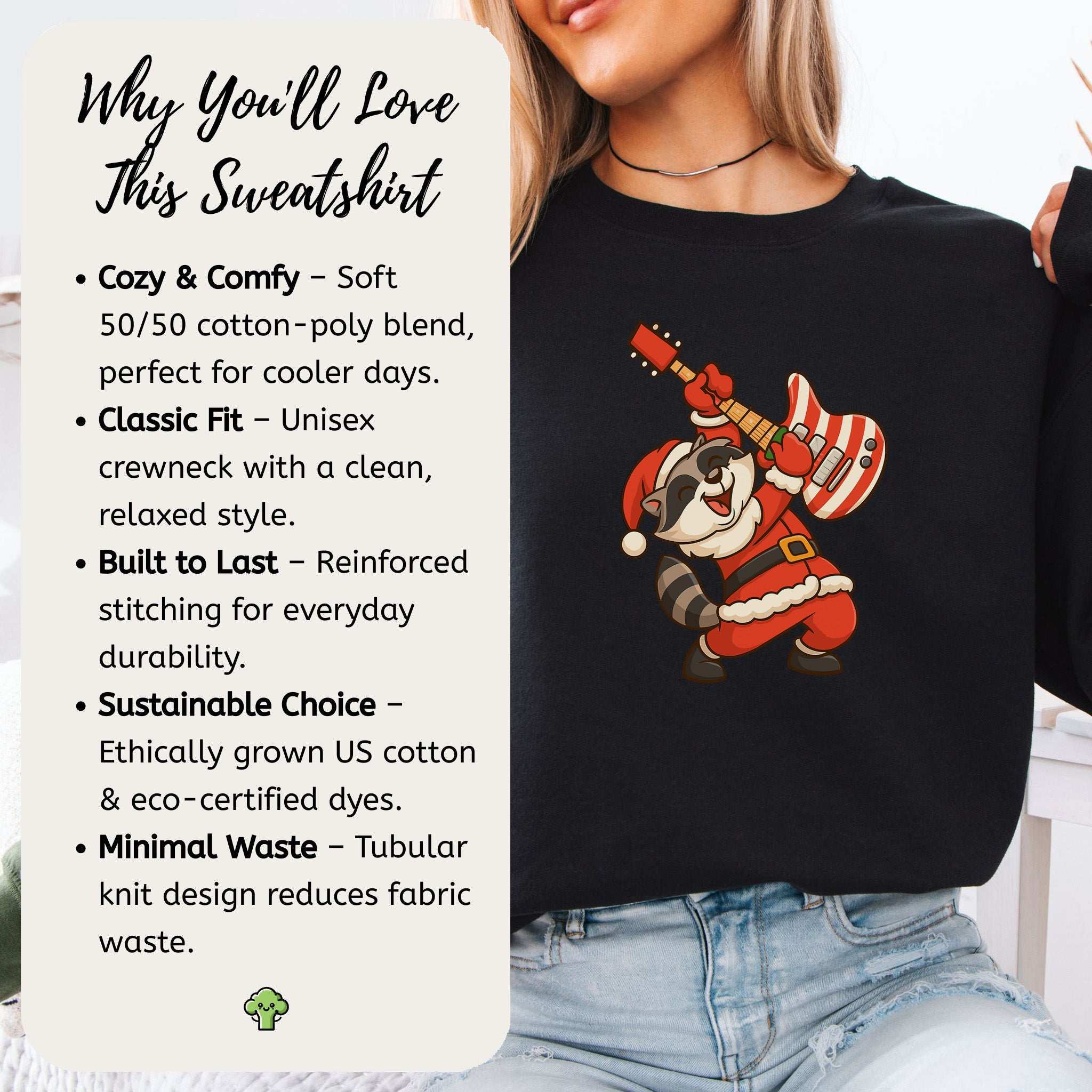 Rockin’ Santa Raccoon Sweatshirt – Funny Guitar Lover Christmas Vibes