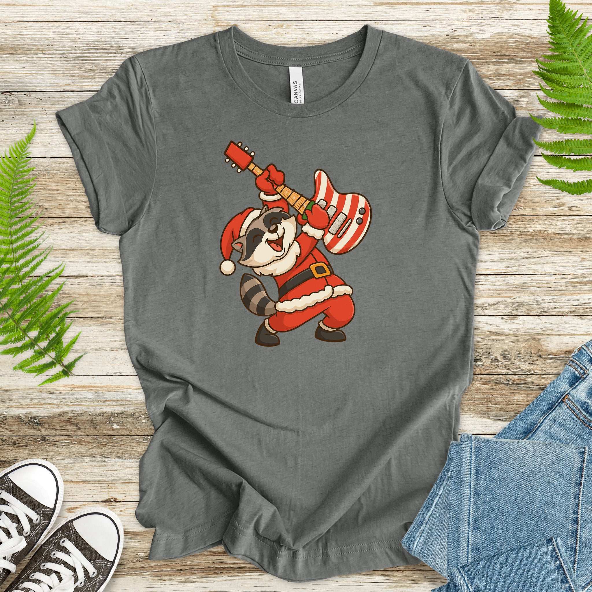 Rockin’ Santa Raccoon T-Shirt – Funny Guitar Lover Christmas Tee