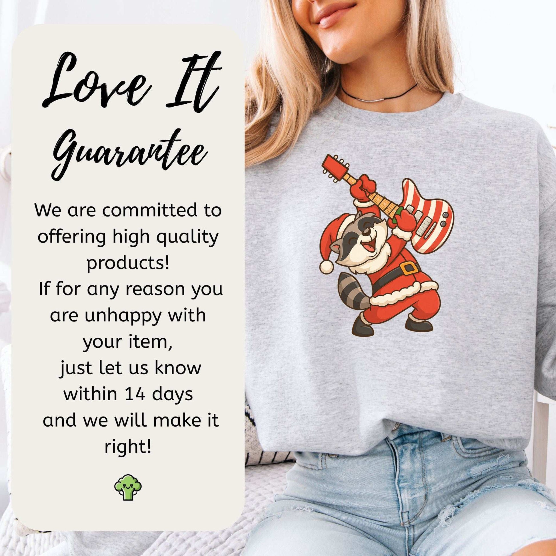 Rockin’ Santa Raccoon Sweatshirt – Funny Guitar Lover Christmas Vibes