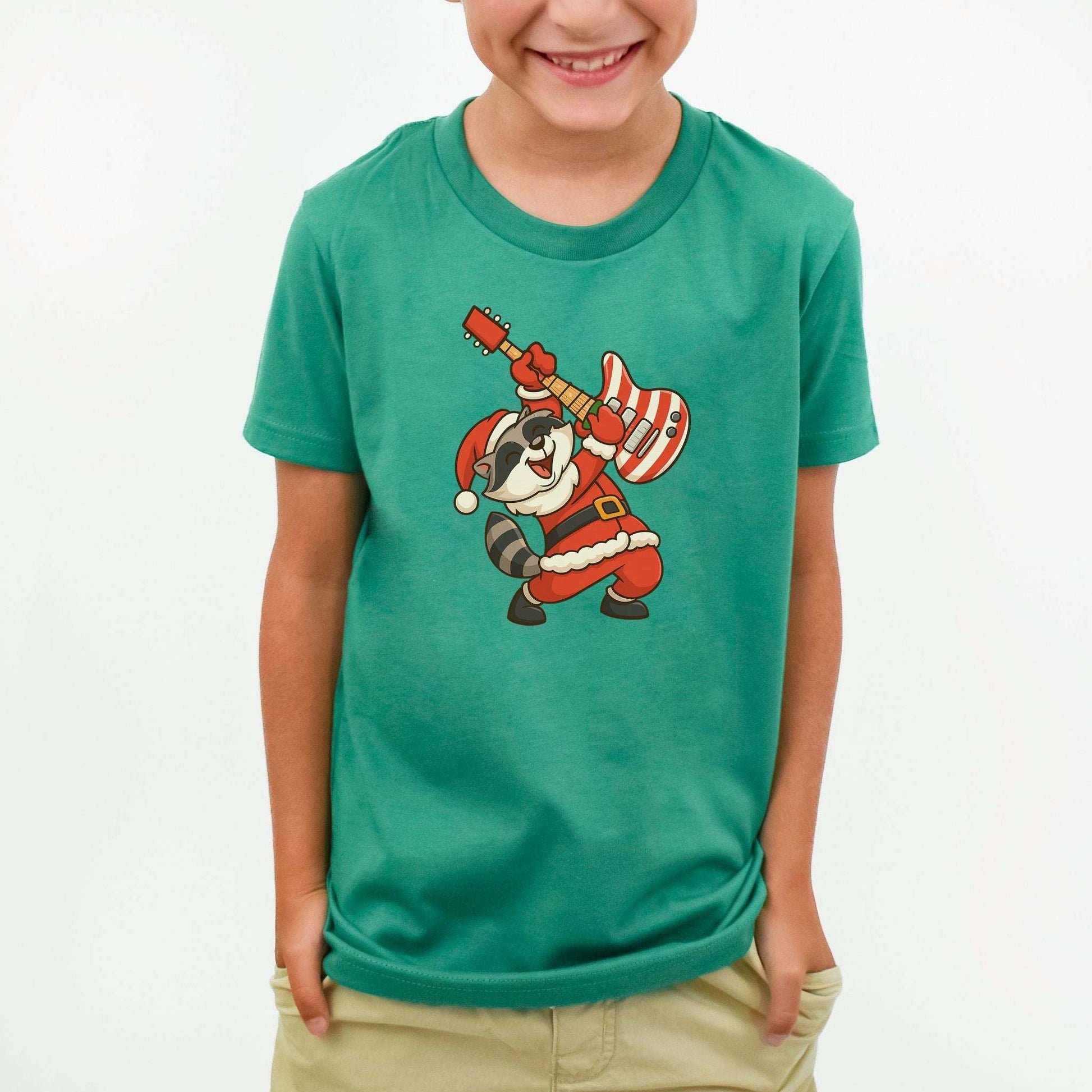 Rockin’ Santa Raccoon Kids T-Shirt – Funny Guitar Christmas Tee, Youth Tee