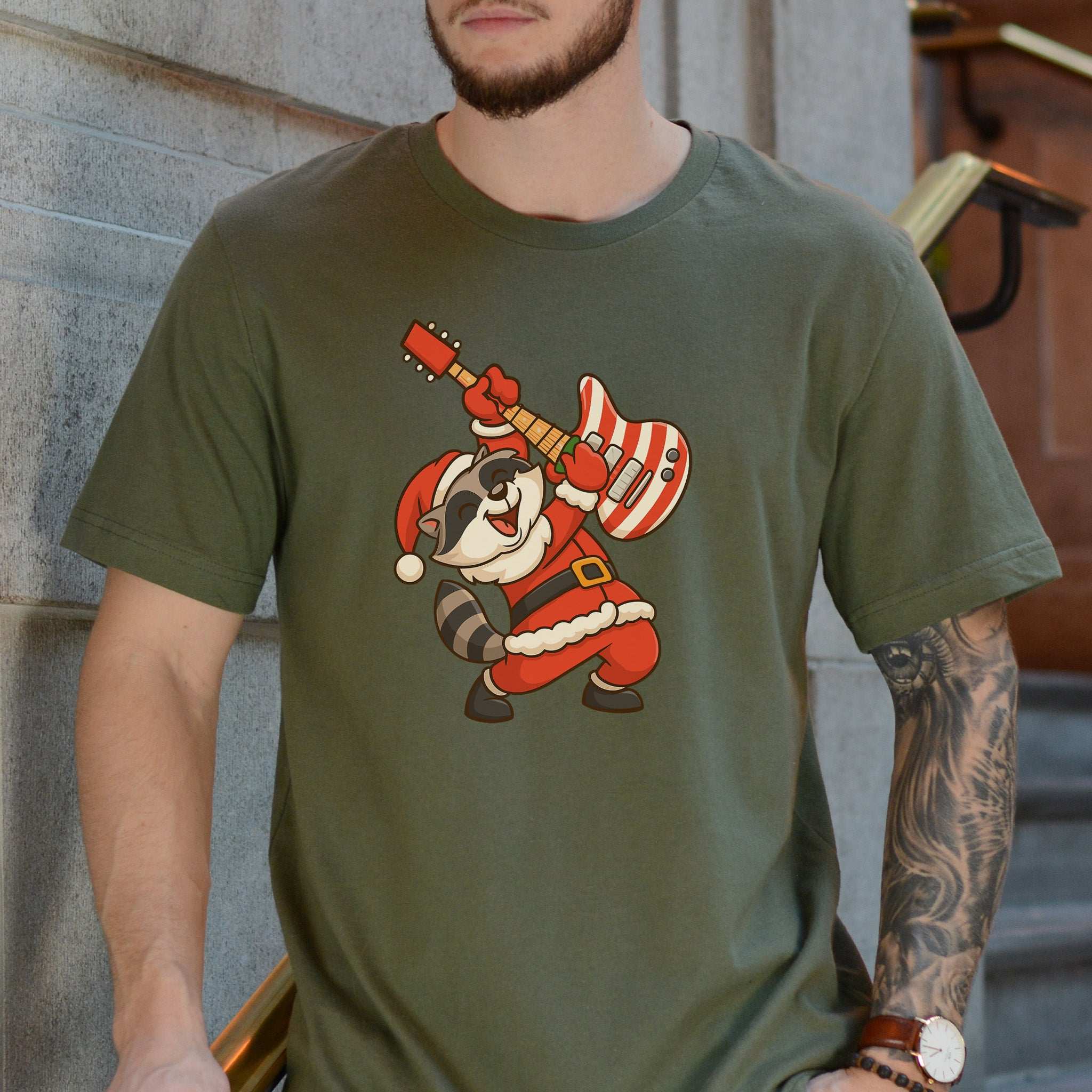 Rockin’ Santa Raccoon T-Shirt – Funny Guitar Lover Christmas Tee