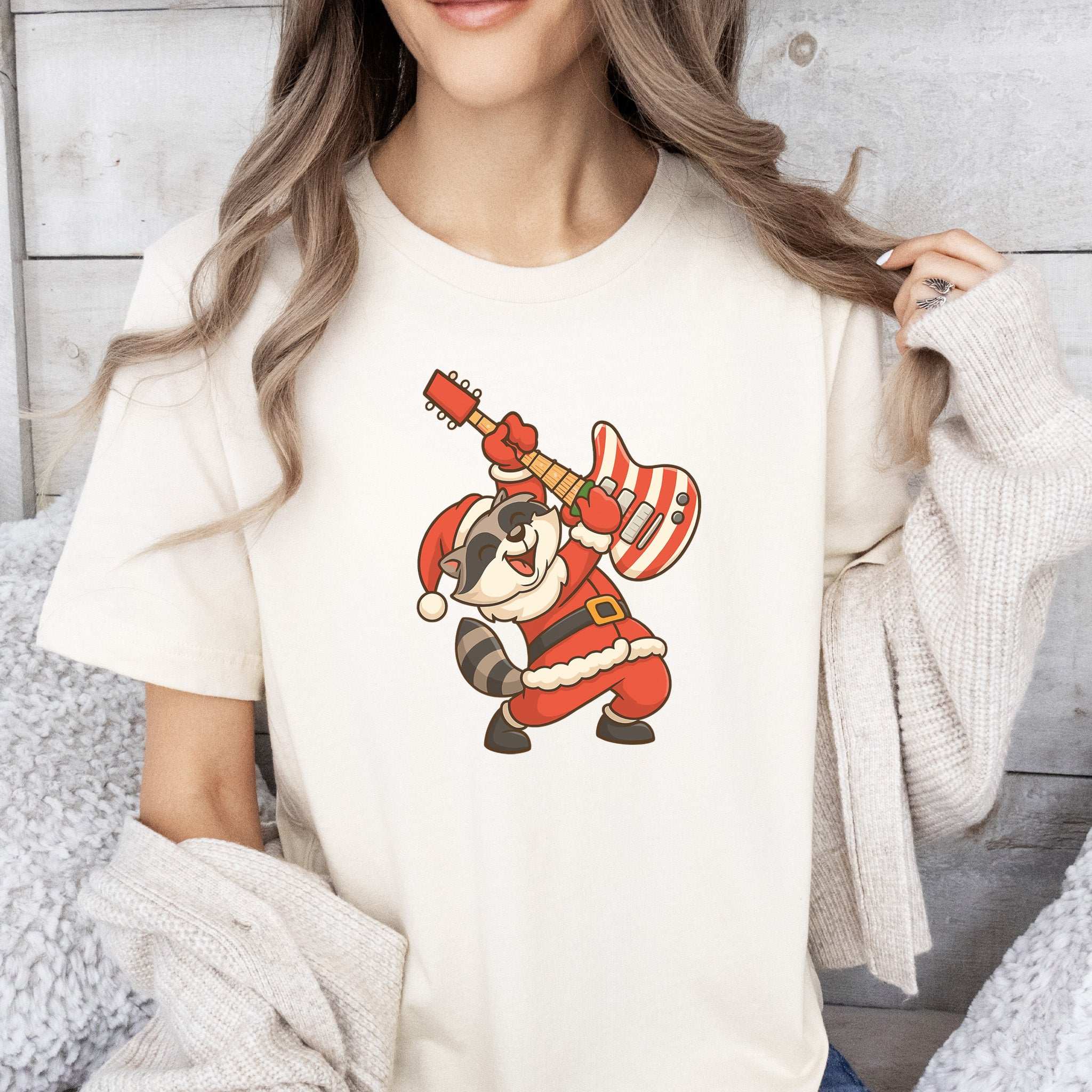 Rockin’ Santa Raccoon T-Shirt – Funny Guitar Lover Christmas Tee