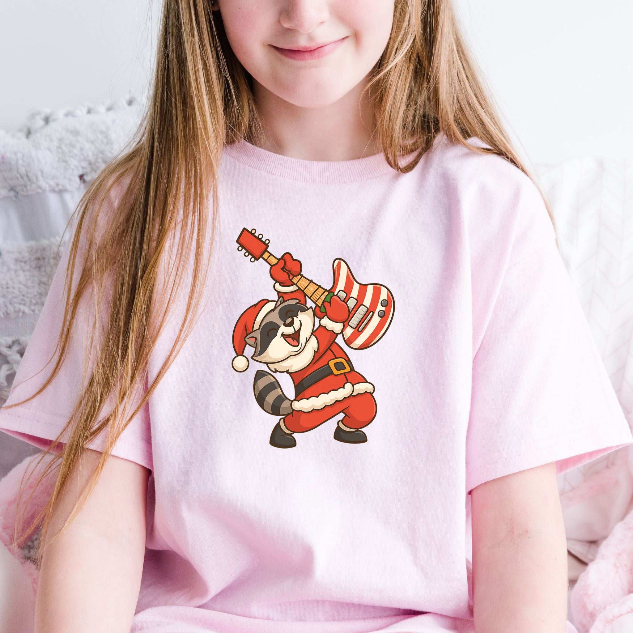 Rockin’ Santa Raccoon Kids T-Shirt – Funny Guitar Christmas Tee, Youth Tee