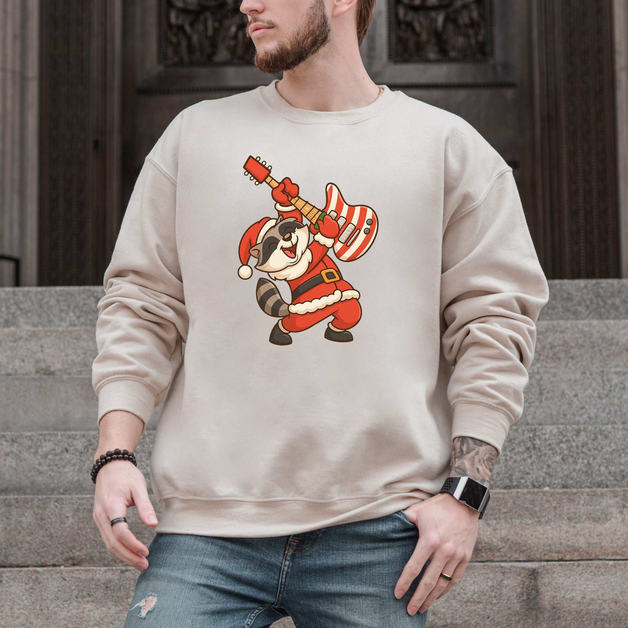 Rockin’ Santa Raccoon Sweatshirt – Funny Guitar Lover Christmas Vibes
