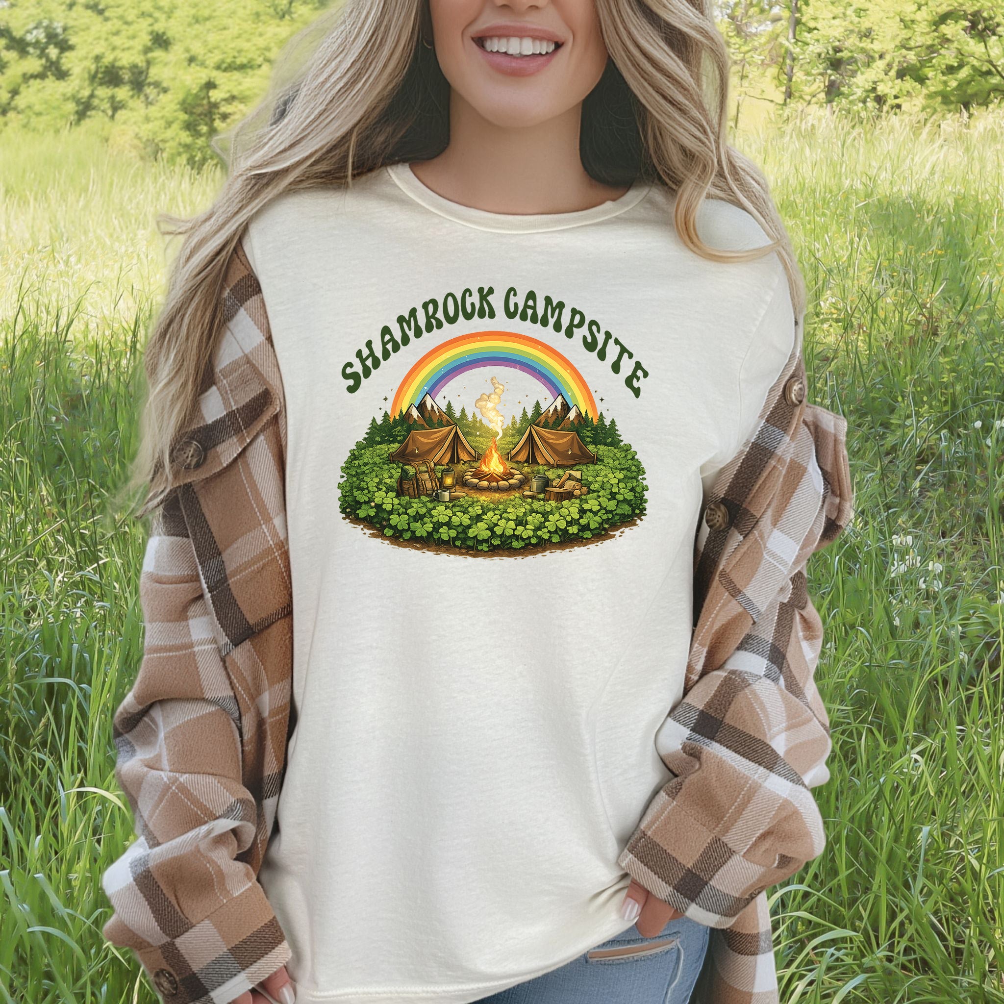 Shamrock Campsite T-Shirt – Rainbow Campfire Tee for St. Patrick’s Day