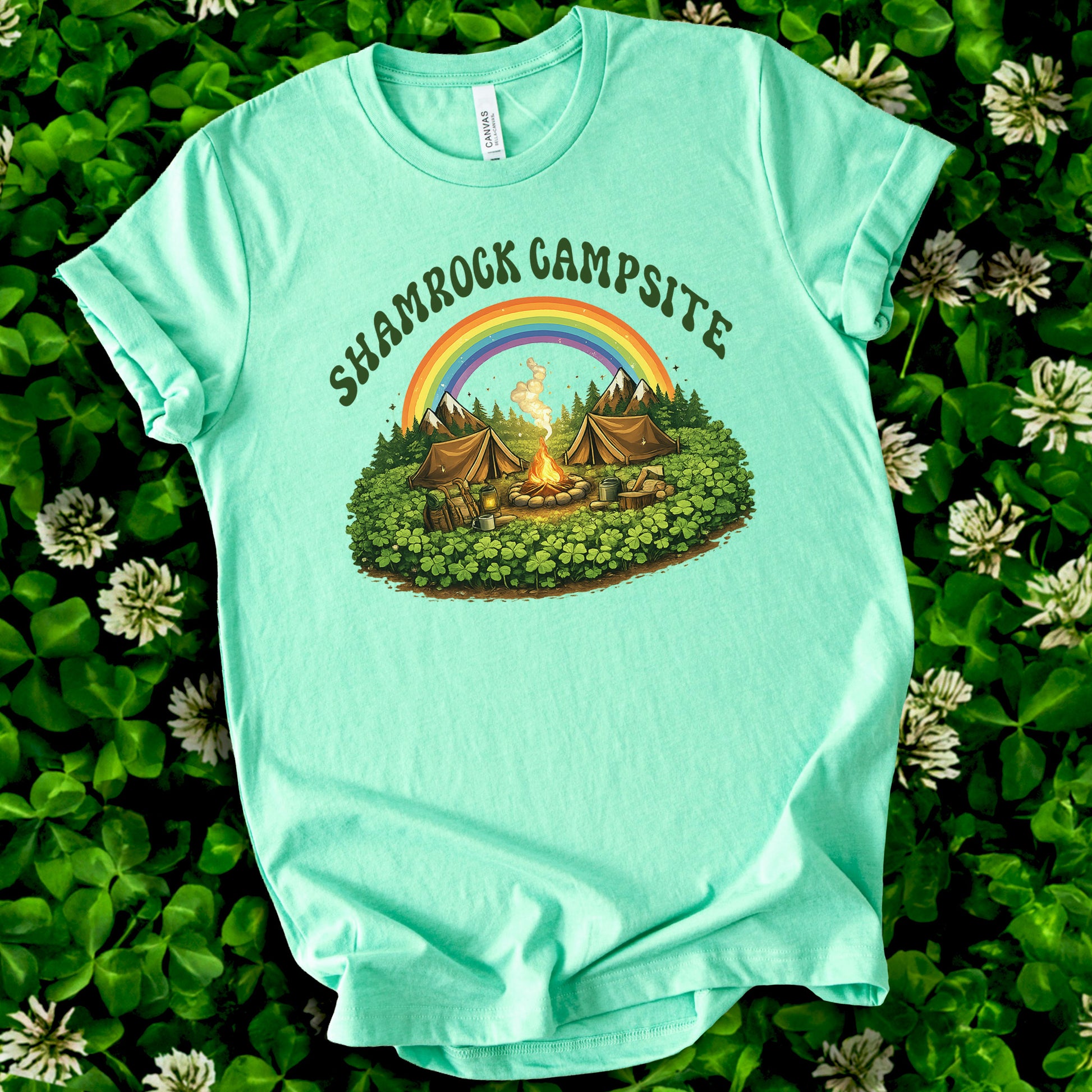 Shamrock Campsite T-Shirt – Rainbow Campfire Tee for St. Patrick’s Day