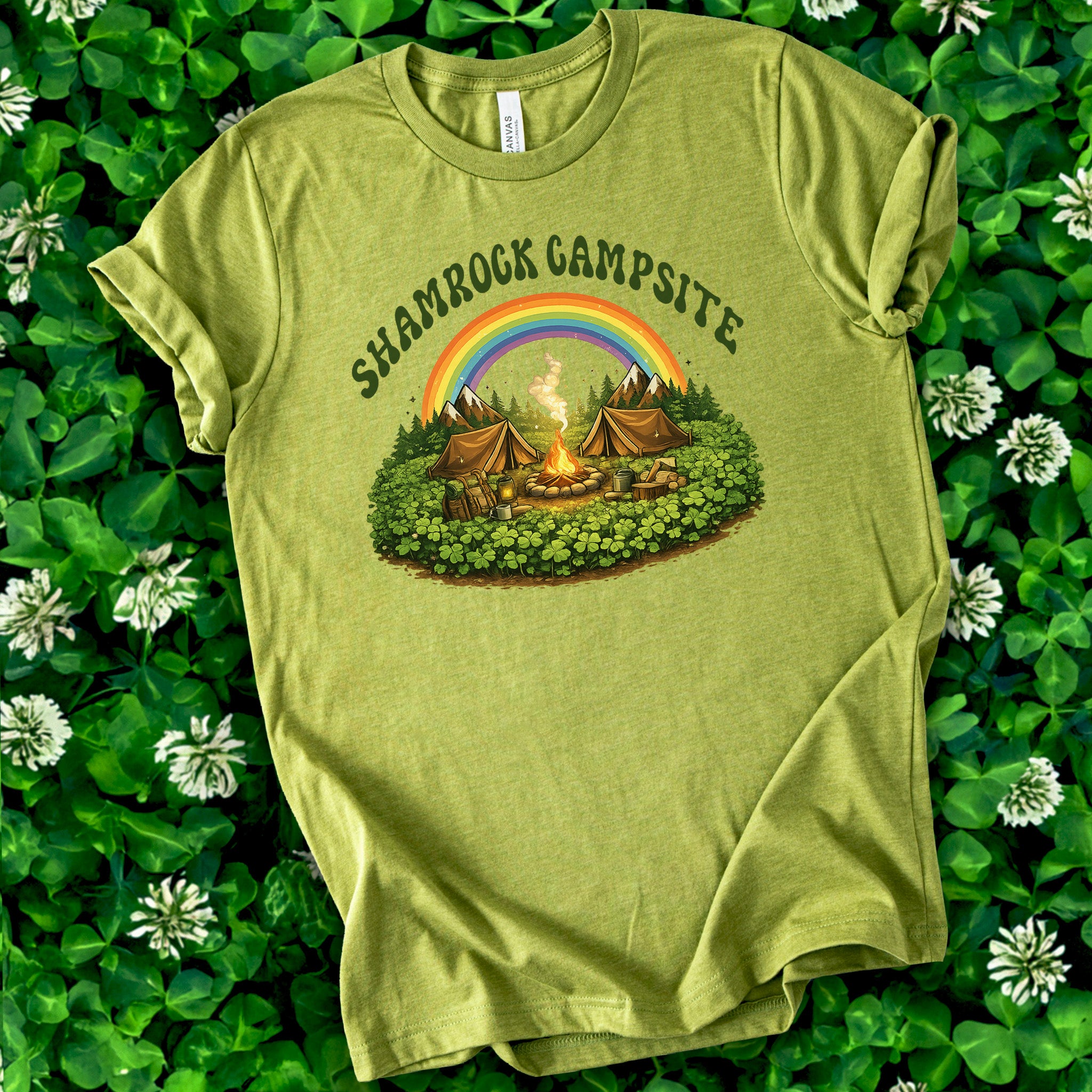 Shamrock Campsite T-Shirt – Rainbow Campfire Tee for St. Patrick’s Day