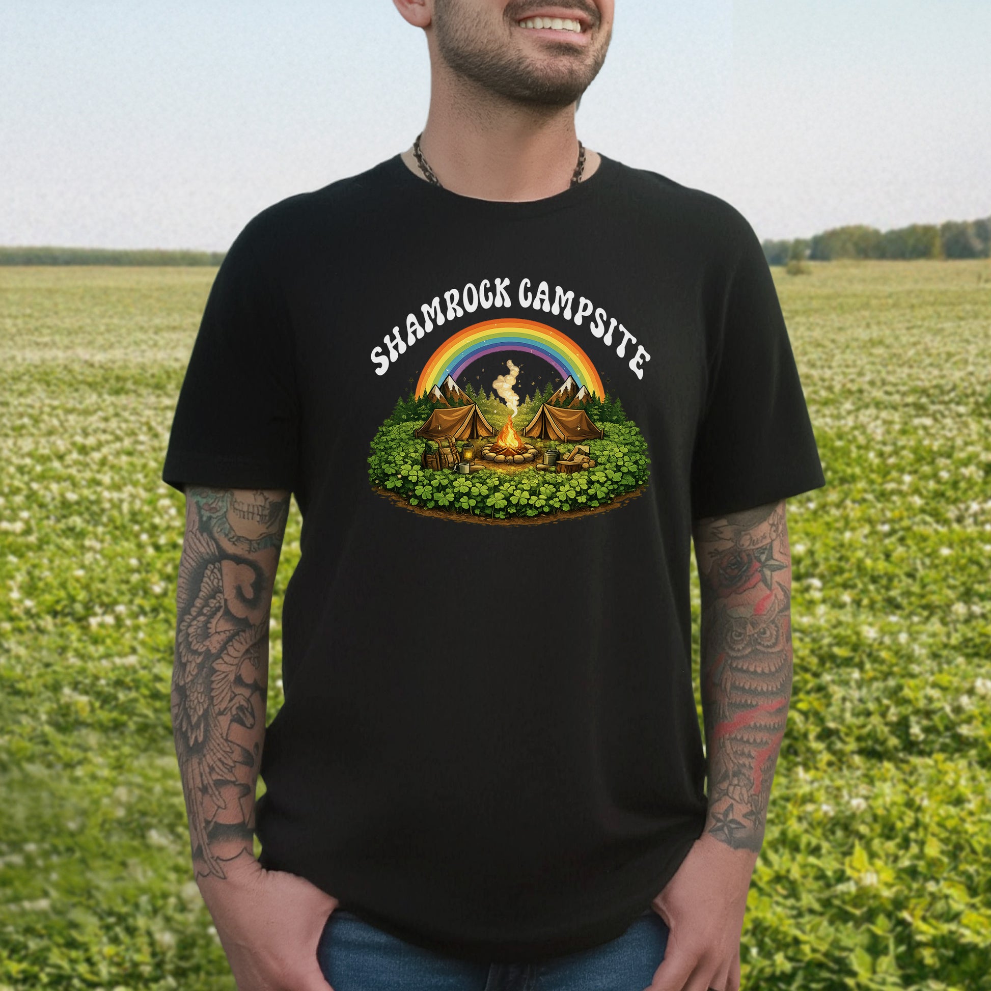 Shamrock Campsite T-Shirt – Rainbow Campfire Tee for St. Patrick’s Day