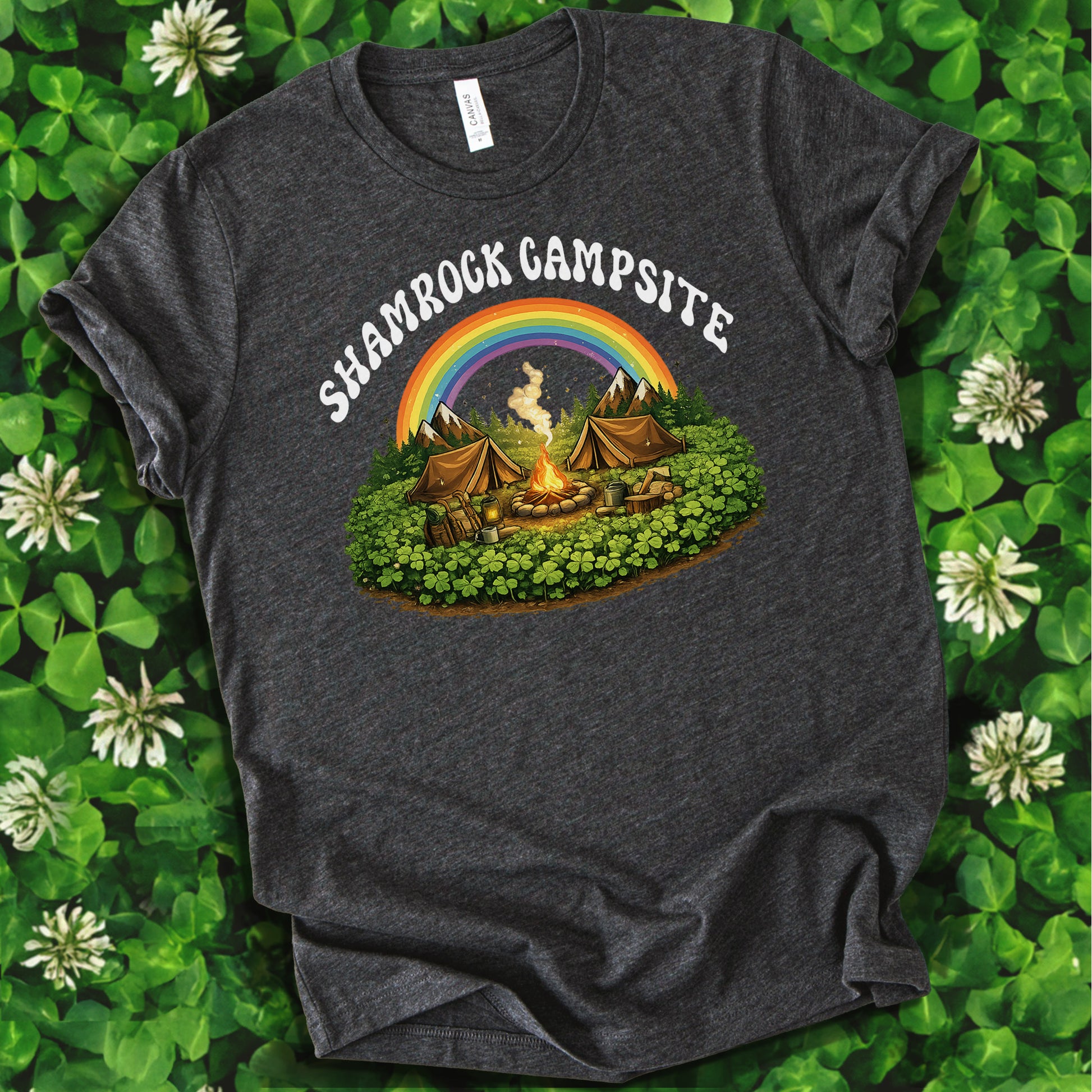 Shamrock Campsite T-Shirt – Rainbow Campfire Tee for St. Patrick’s Day