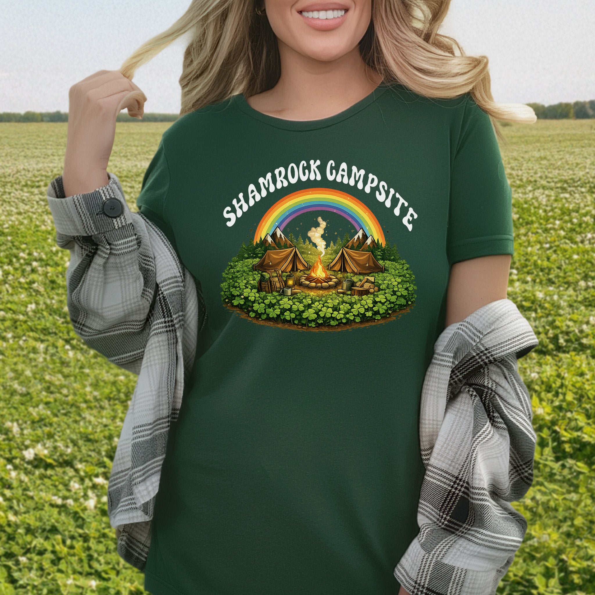 Shamrock Campsite T-Shirt – Rainbow Campfire Tee for St. Patrick’s Day