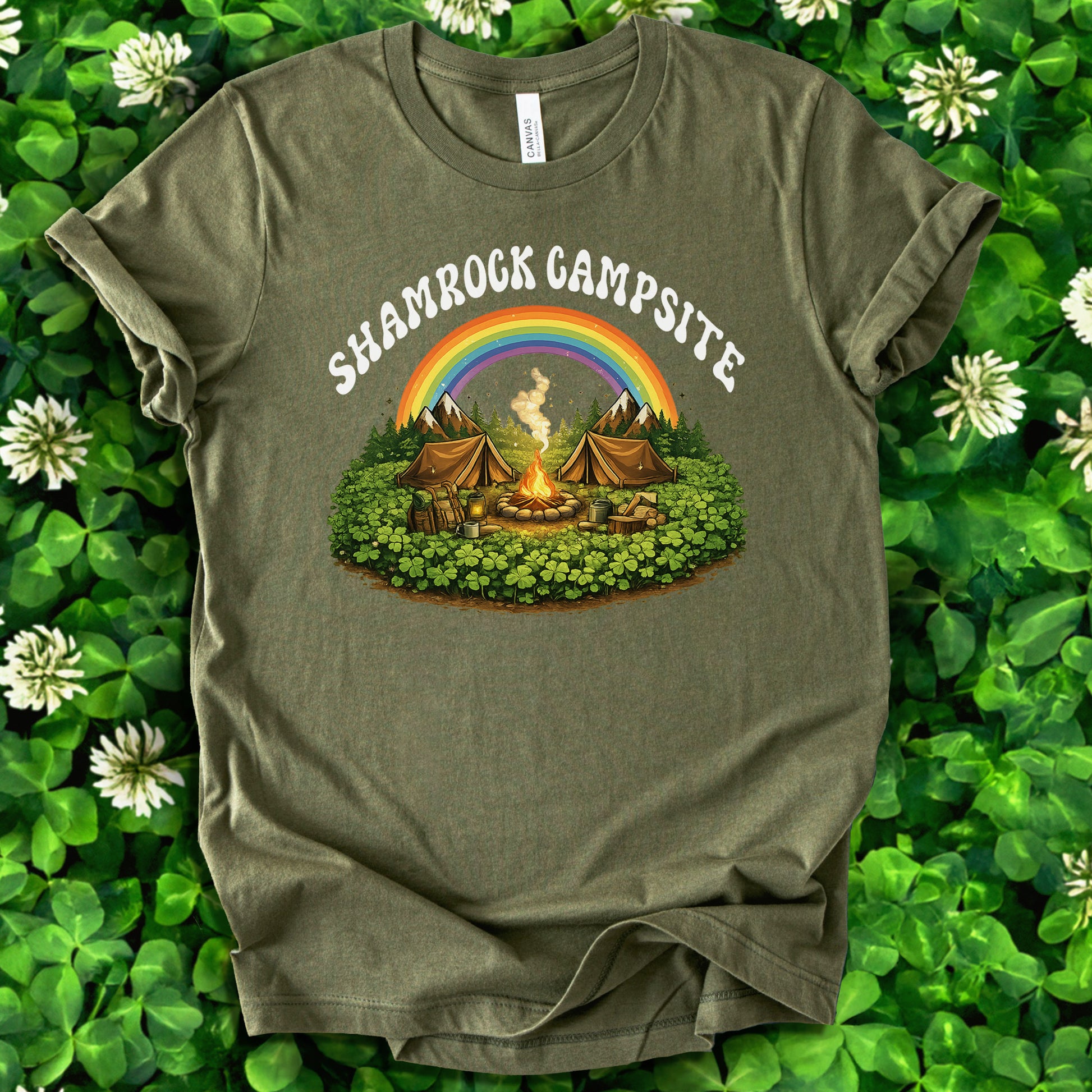 Shamrock Campsite T-Shirt – Rainbow Campfire Tee for St. Patrick’s Day