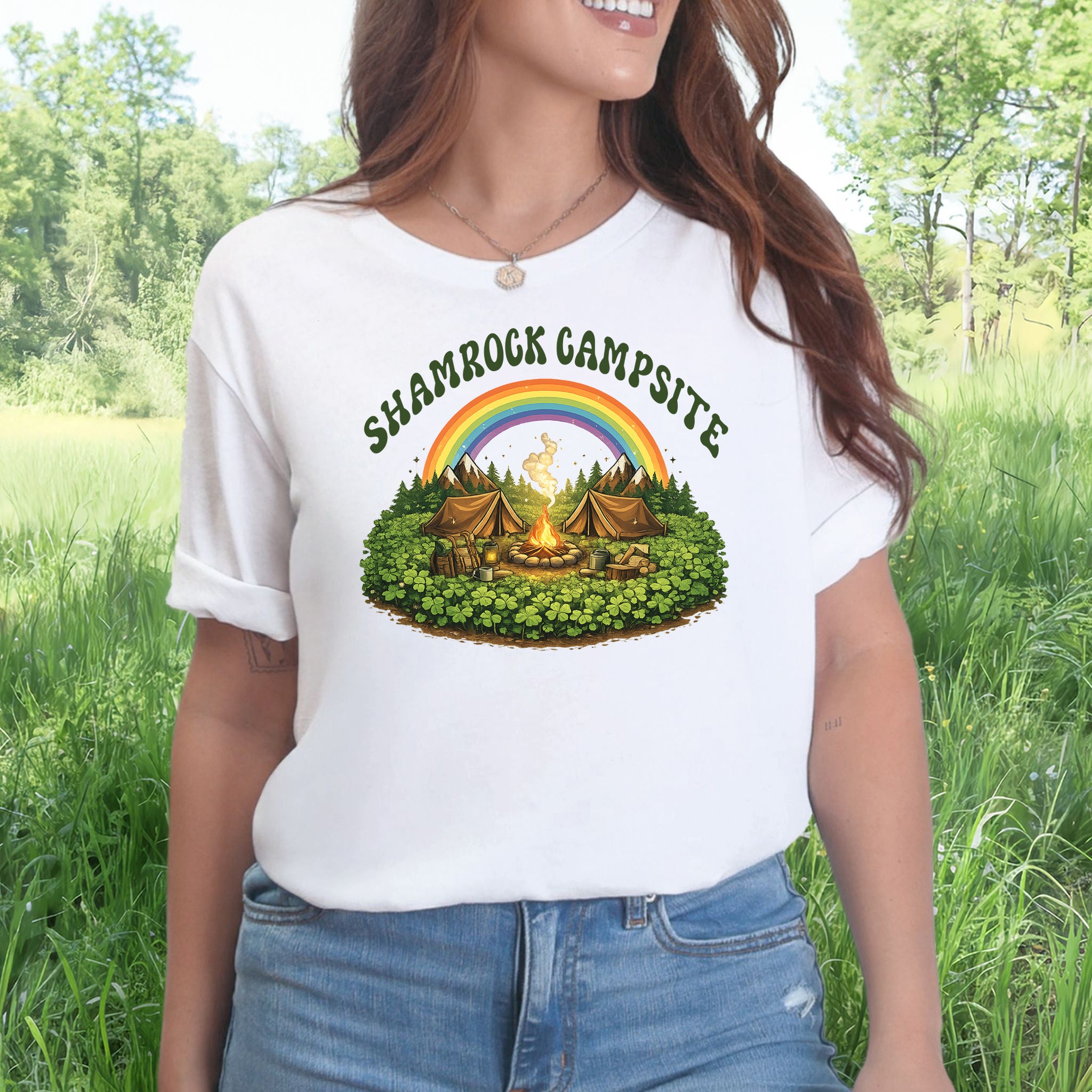 Shamrock Campsite T-Shirt – Rainbow Campfire Tee for St. Patrick’s Day