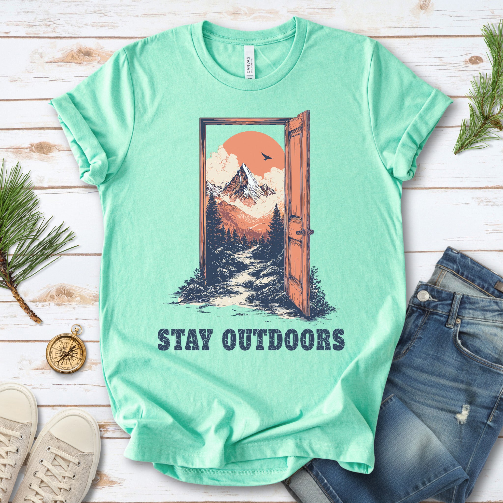 Stay Outdoors Vintage Mountain Doorway Adventure T-Shirt