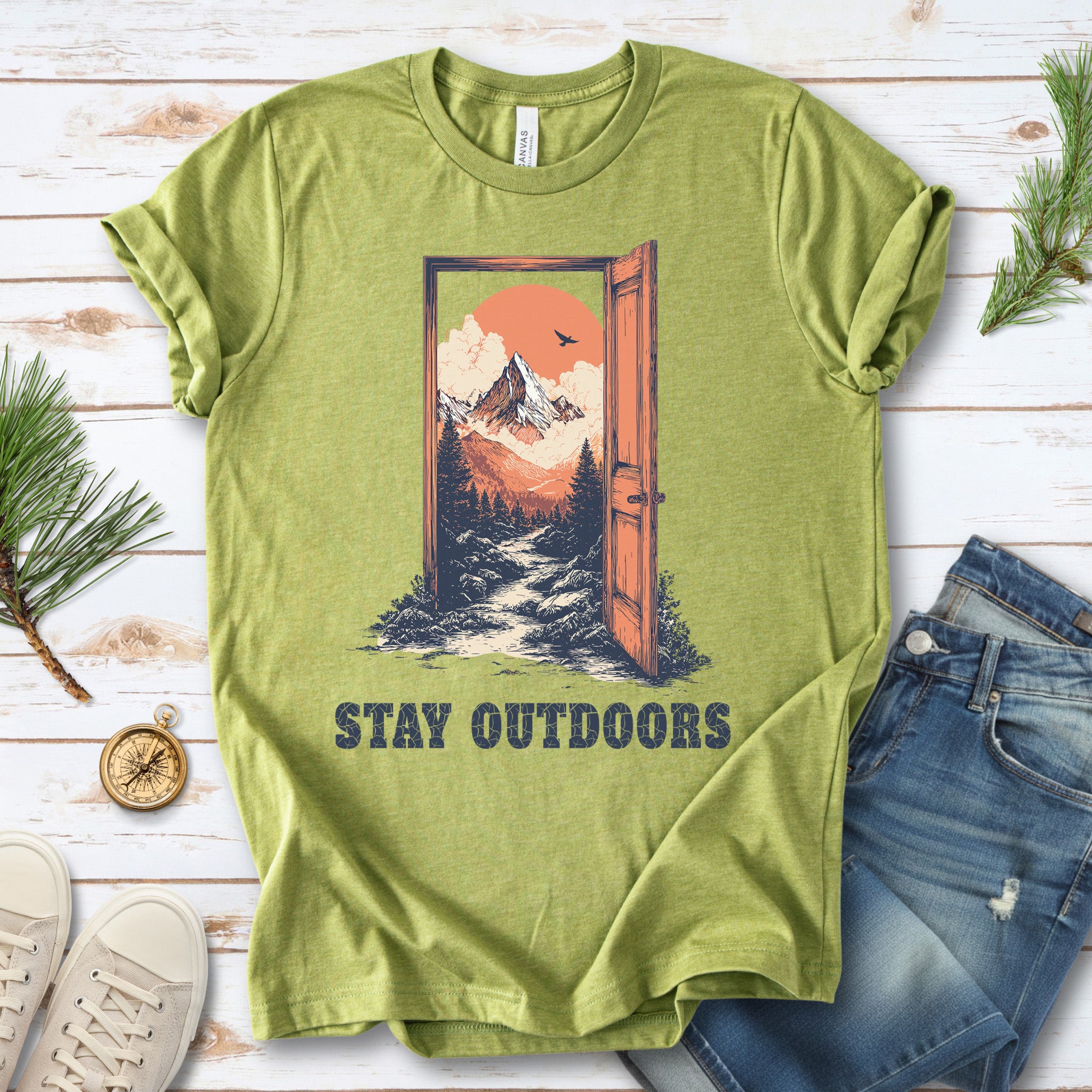 Stay Outdoors Vintage Mountain Doorway Adventure T-Shirt