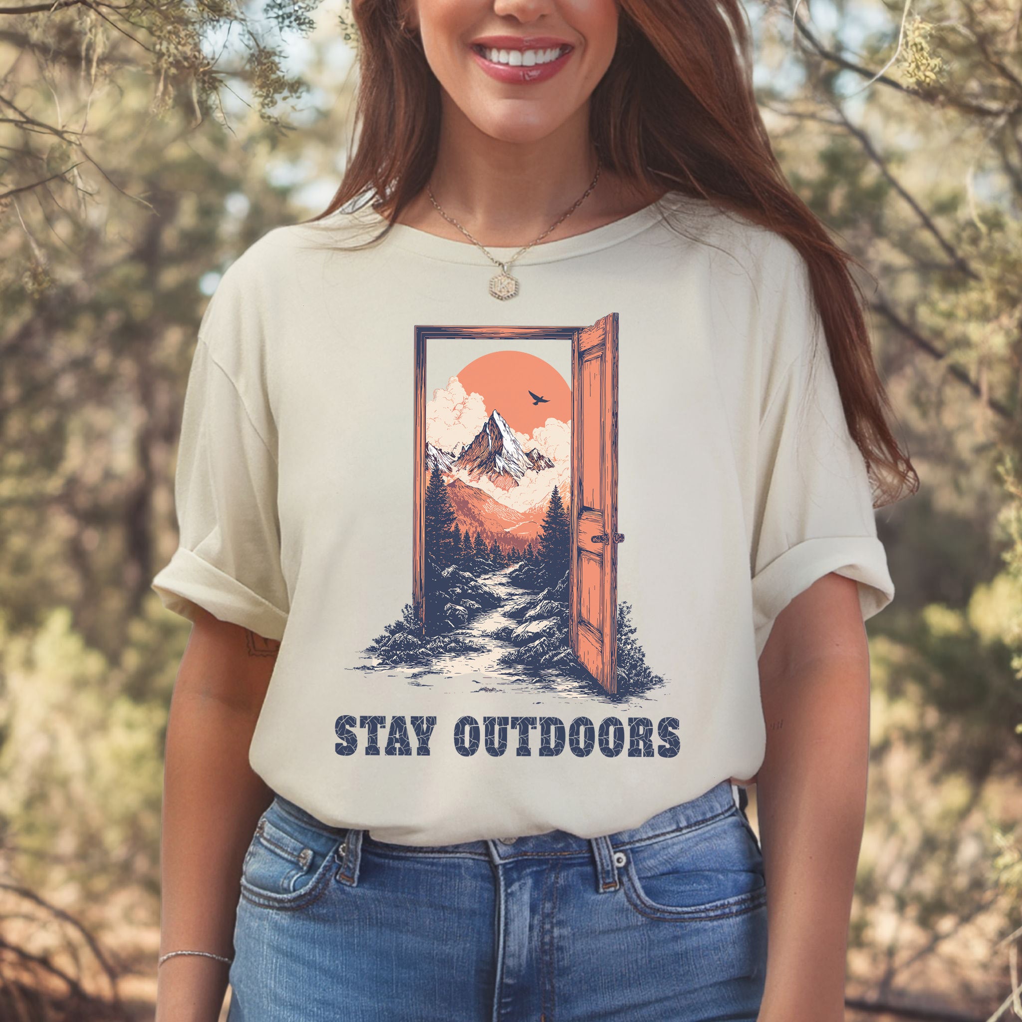 Stay Outdoors Vintage Mountain Doorway Adventure T-Shirt