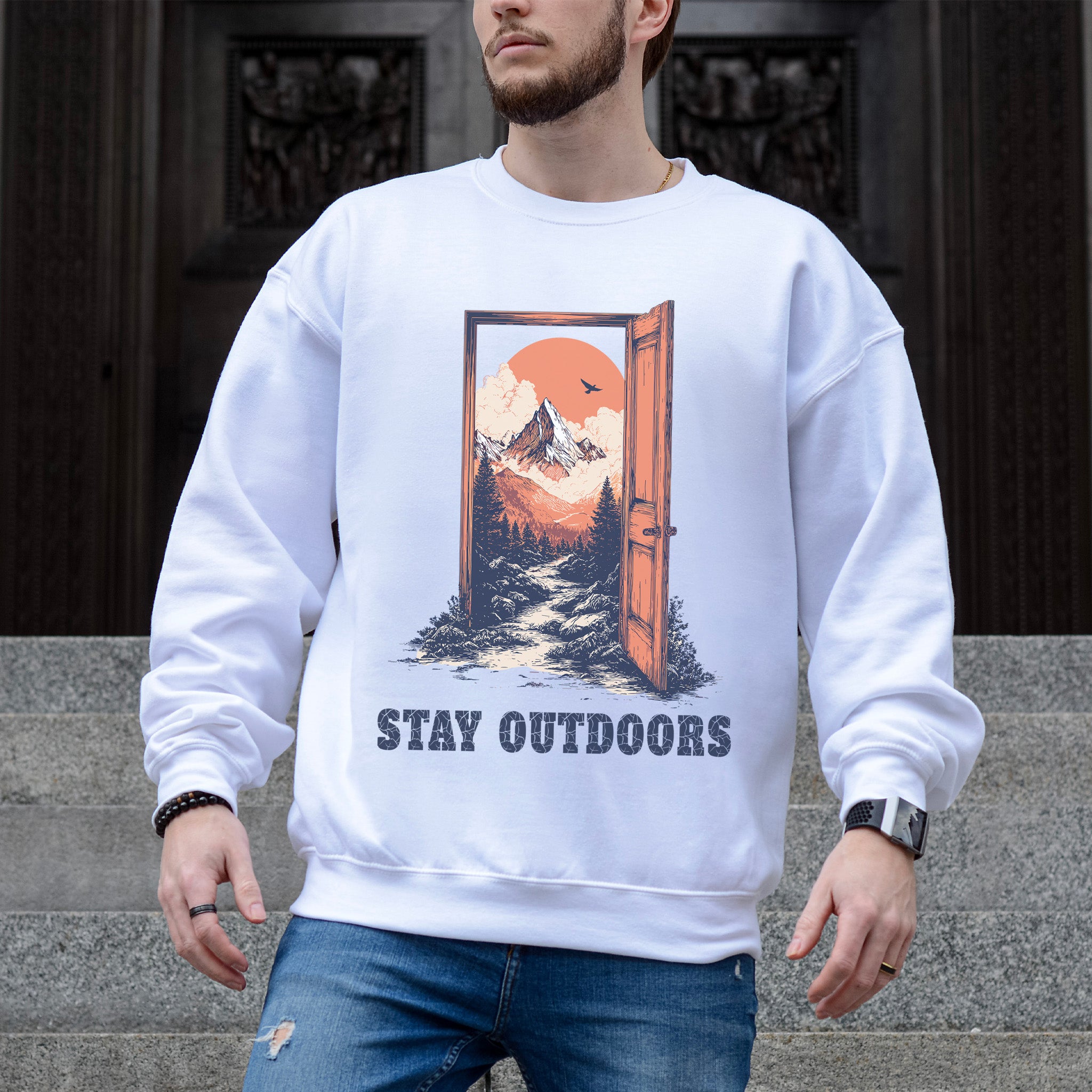 Stay Outdoors Vintage Mountain Doorway Adventure Sweatshirt