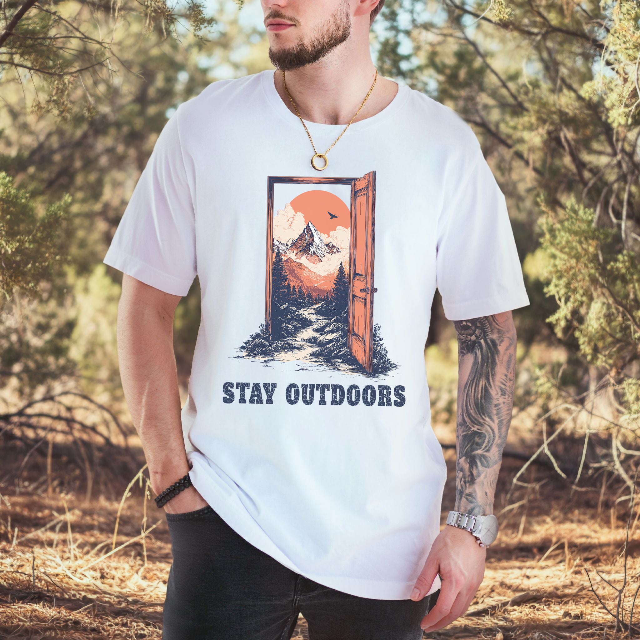 Stay Outdoors Vintage Mountain Doorway Adventure T-Shirt
