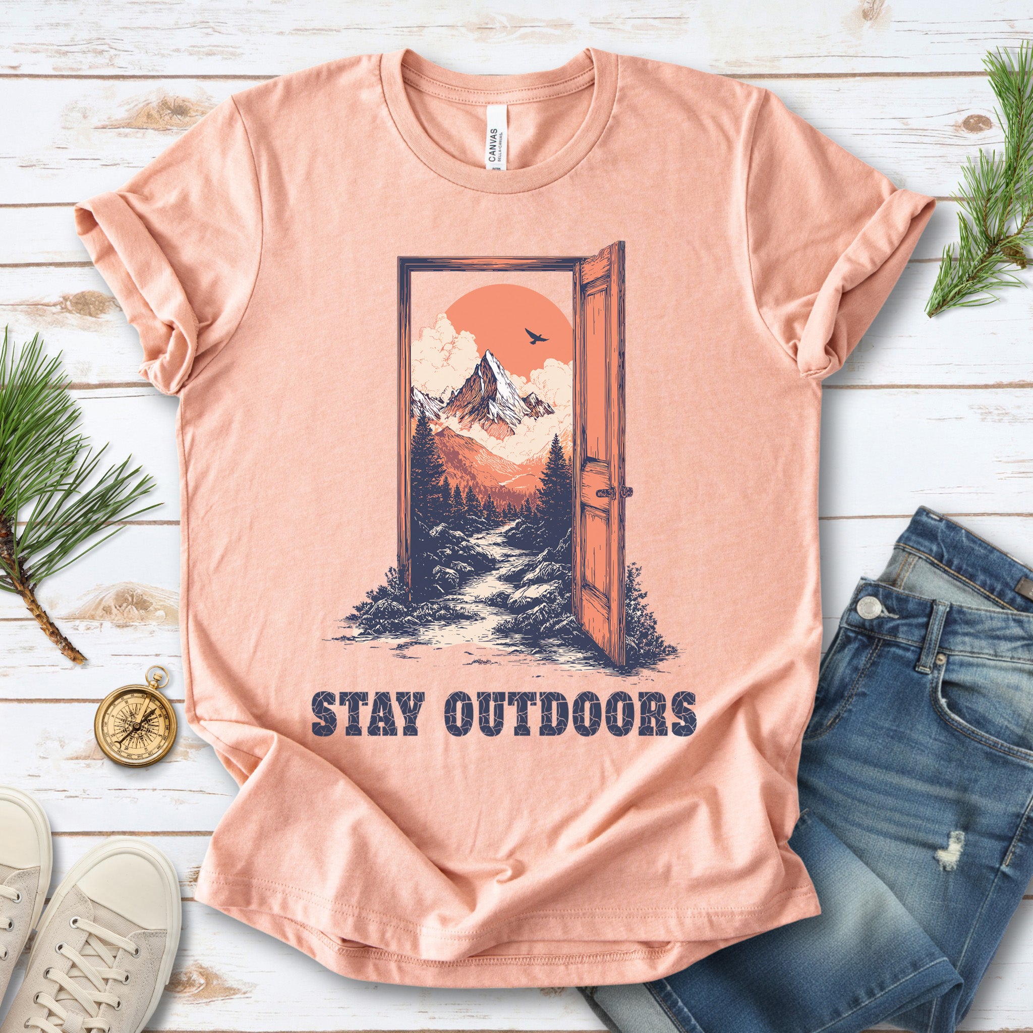 Stay Outdoors Vintage Mountain Doorway Adventure T-Shirt